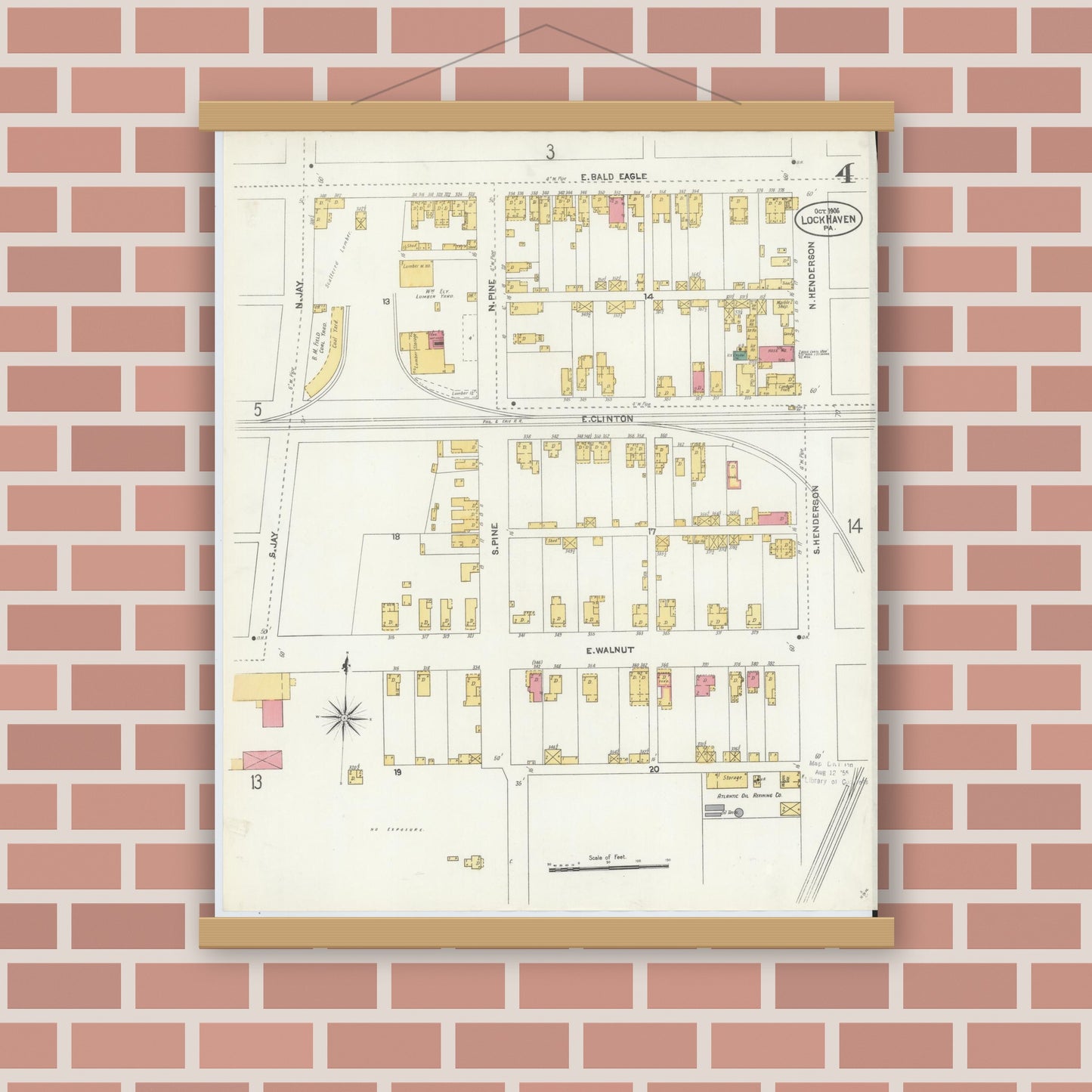 Old map wall art mockup — magnetic wood frame on brick wall — Sanborn Fire Insurance Map from Lock Haven, Clinton County, Pennsylvania (1906), Sheet #0004