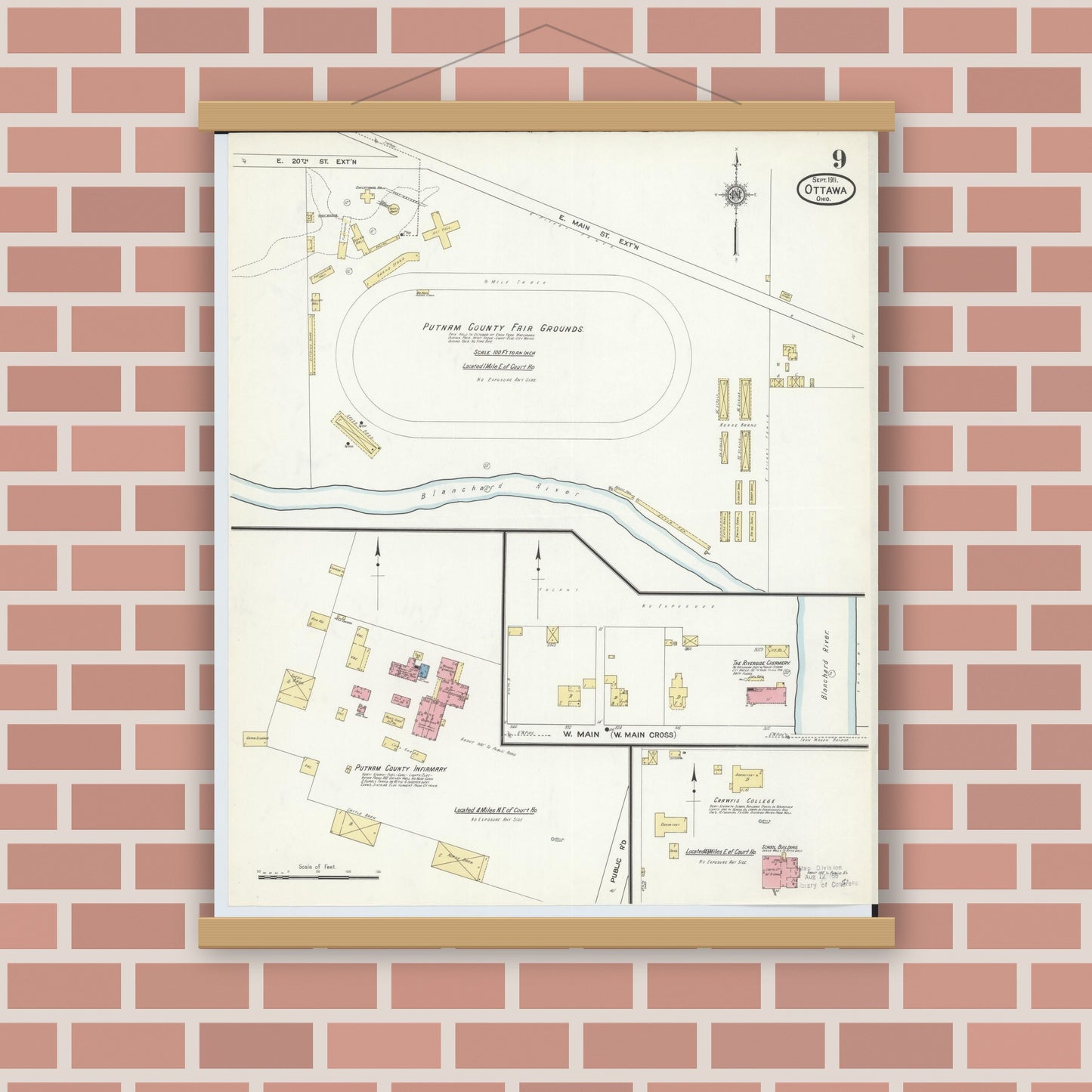 Old map wall art mockup — magnetic wood frame on brick wall — Sanborn Fire Insurance Map from Ottawa, Putnam County, Ohio (1911), Sheet #0009