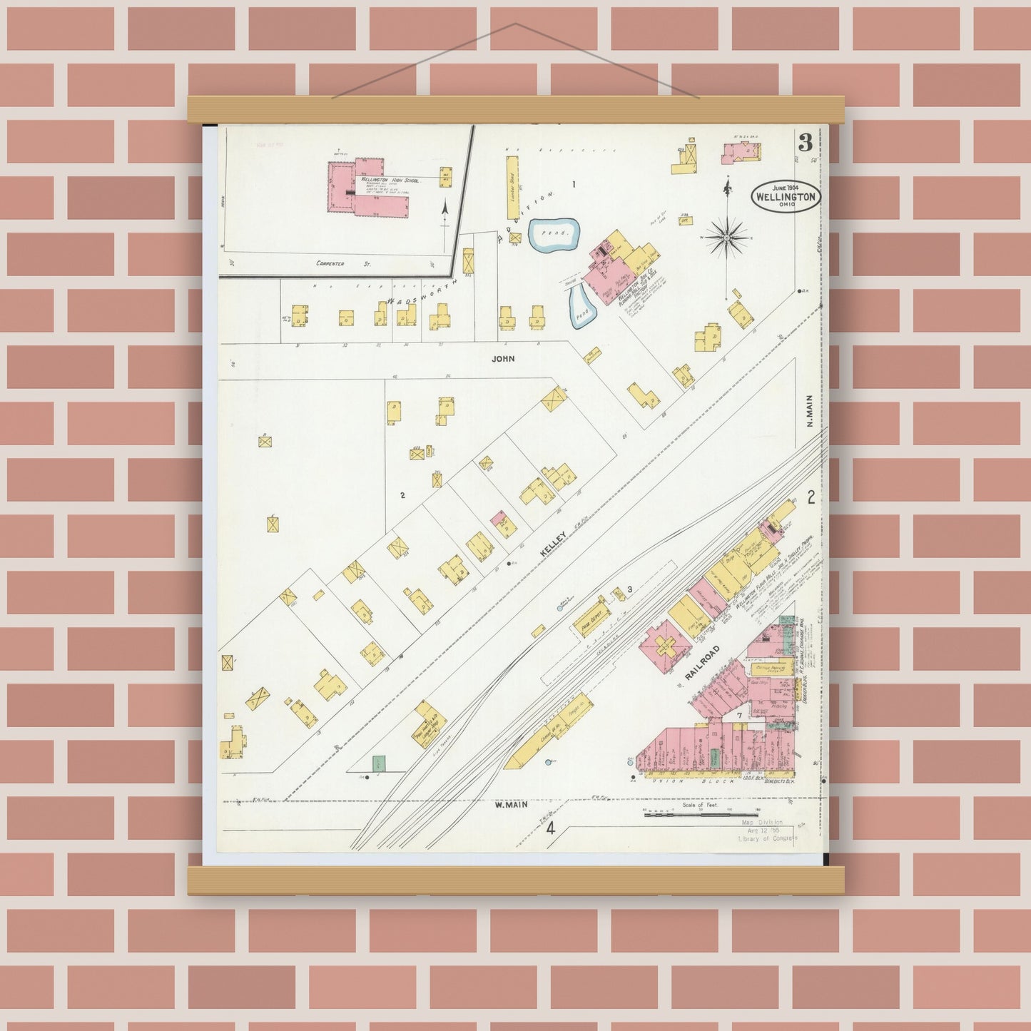 Old map wall art mockup — magnetic wood frame on brick wall — Sanborn Fire Insurance Map from Wellington, Lorain County, Ohio (1904), Sheet #0003