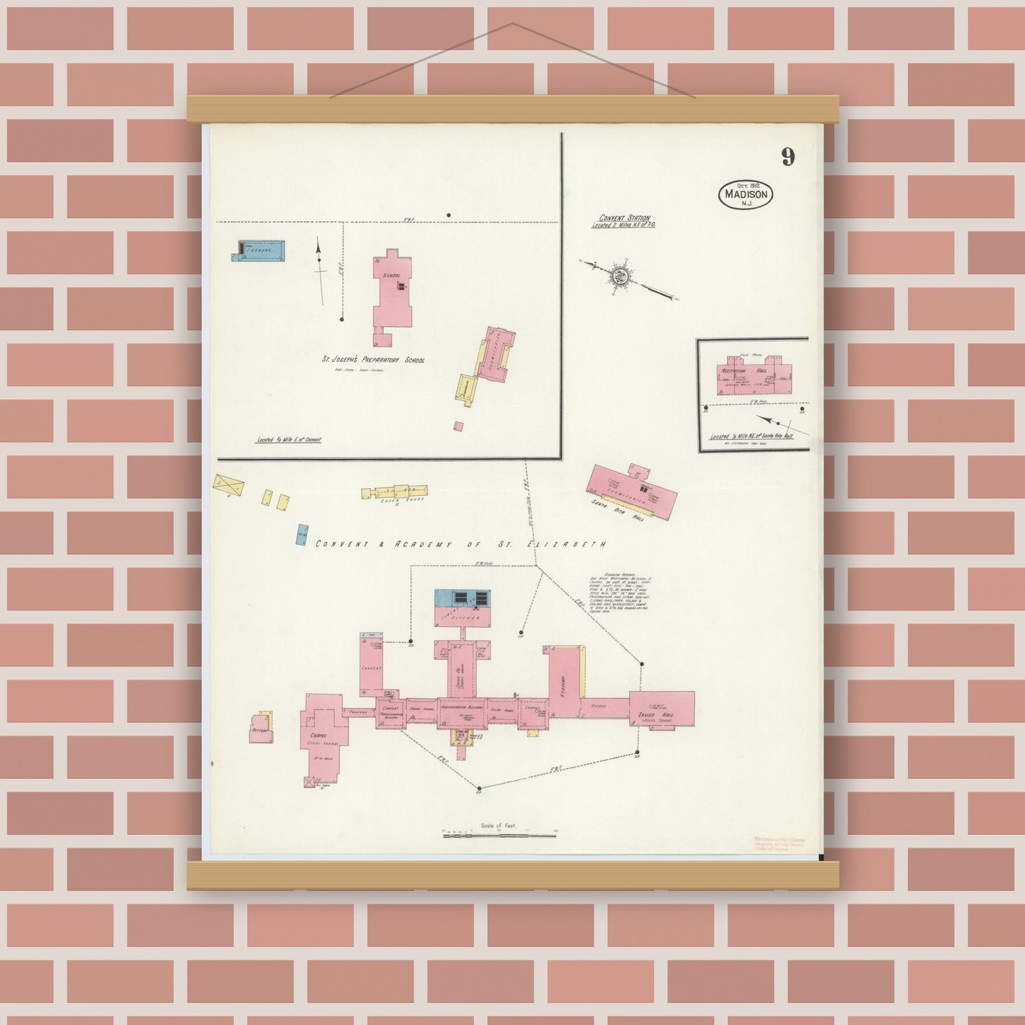 Old map wall art mockup — magnetic wood frame on brick wall — Sanborn Fire Insurance Map from Madison, Morris County, New Jersey (1912), Sheet #0009