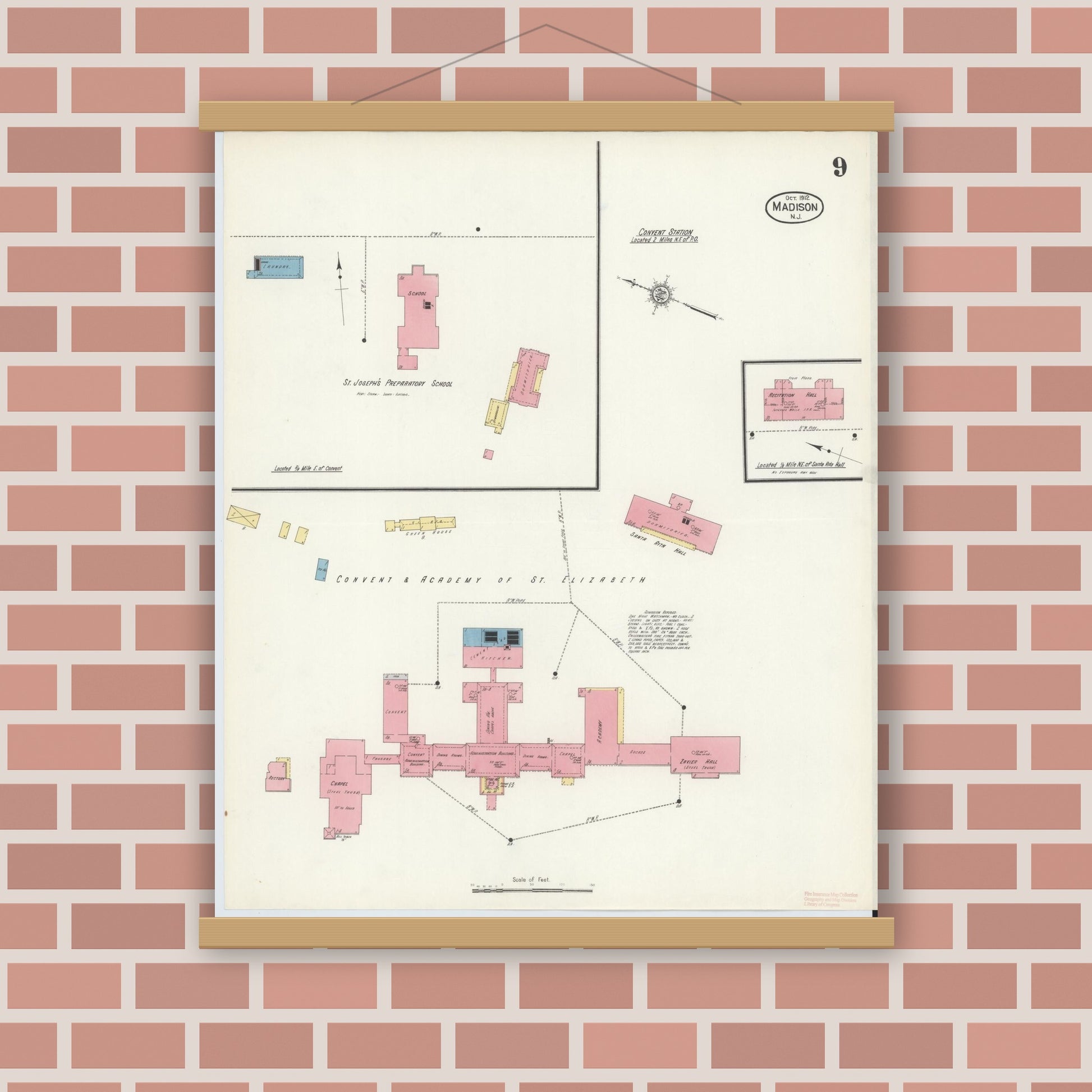 Old map wall art mockup — magnetic wood frame on brick wall — Sanborn Fire Insurance Map from Madison, Morris County, New Jersey (1912), Sheet #0009