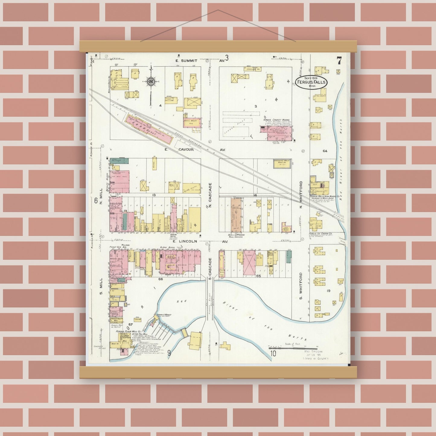 Old map wall art mockup — magnetic wood frame on brick wall — Sanborn Fire Insurance Map from Fergus Falls, Otter Tail County, Minnesota (1909), Sheet #0007