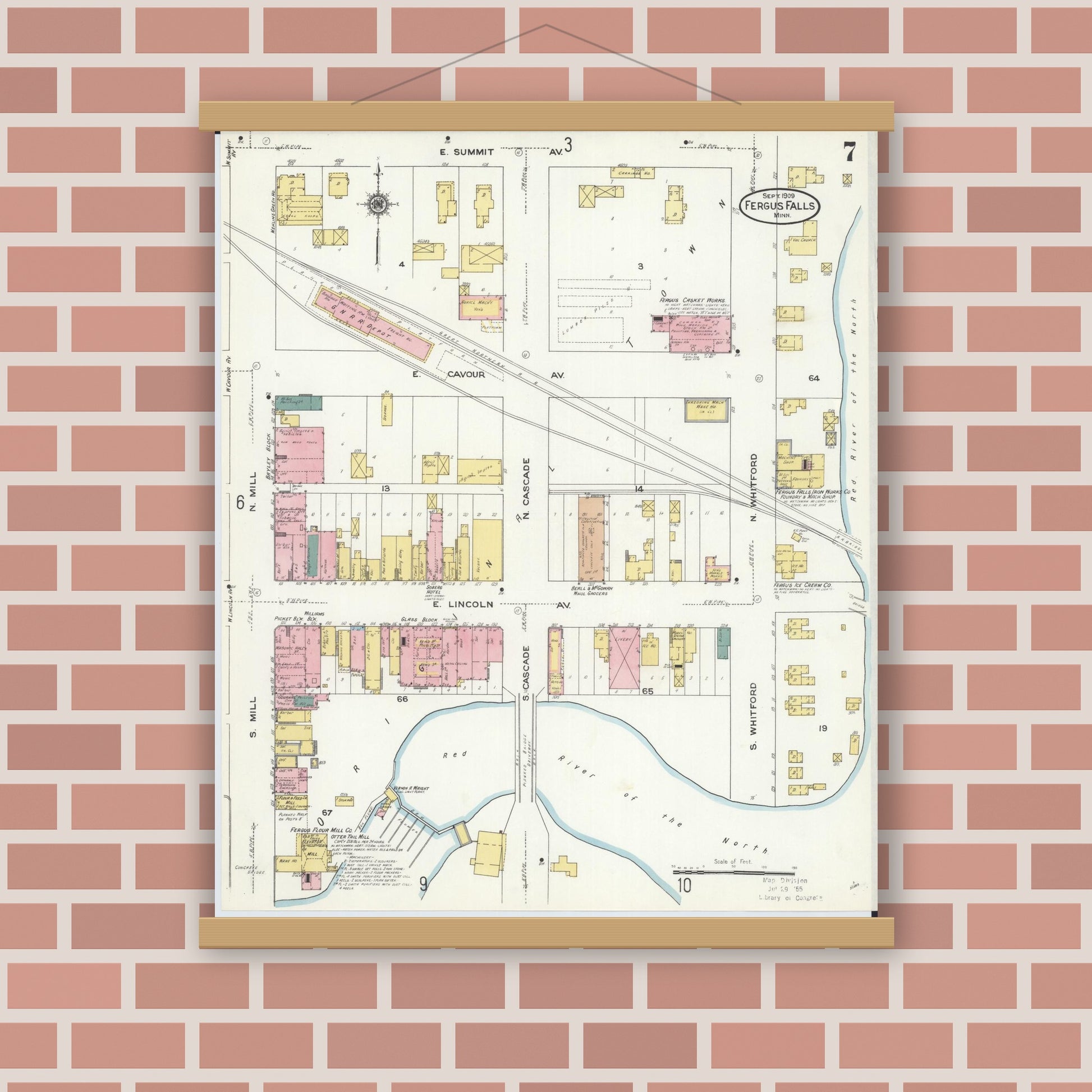 Old map wall art mockup — magnetic wood frame on brick wall — Sanborn Fire Insurance Map from Fergus Falls, Otter Tail County, Minnesota (1909), Sheet #0007