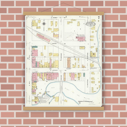 Old map wall art mockup — magnetic wood frame on brick wall — Sanborn Fire Insurance Map from Fergus Falls, Otter Tail County, Minnesota (1909), Sheet #0007