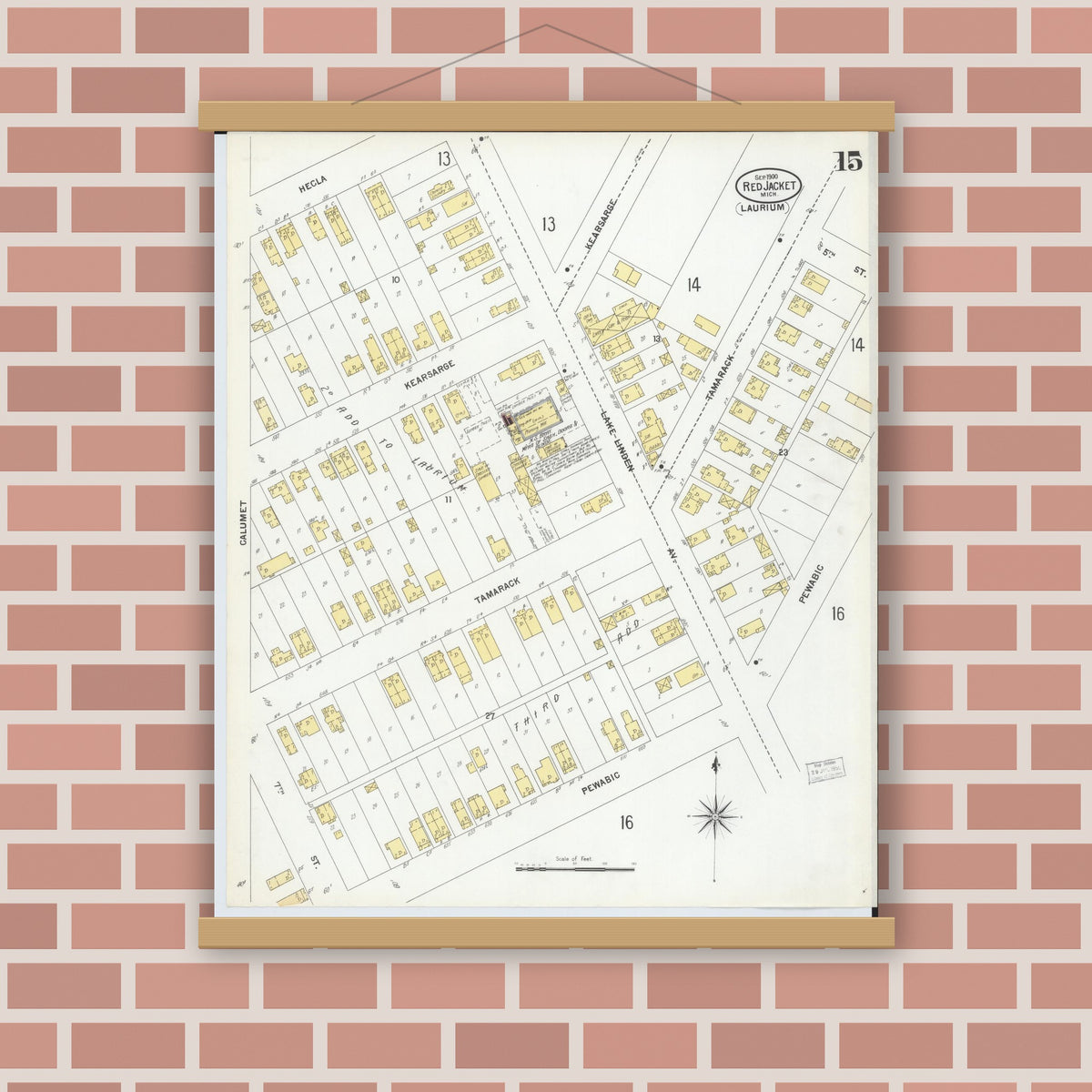 Old map wall art mockup — magnetic wood frame on brick wall — Sanborn Fire Insurance Map from Red Jacket, Houghton County, Michigan (1900), Sheet #0015