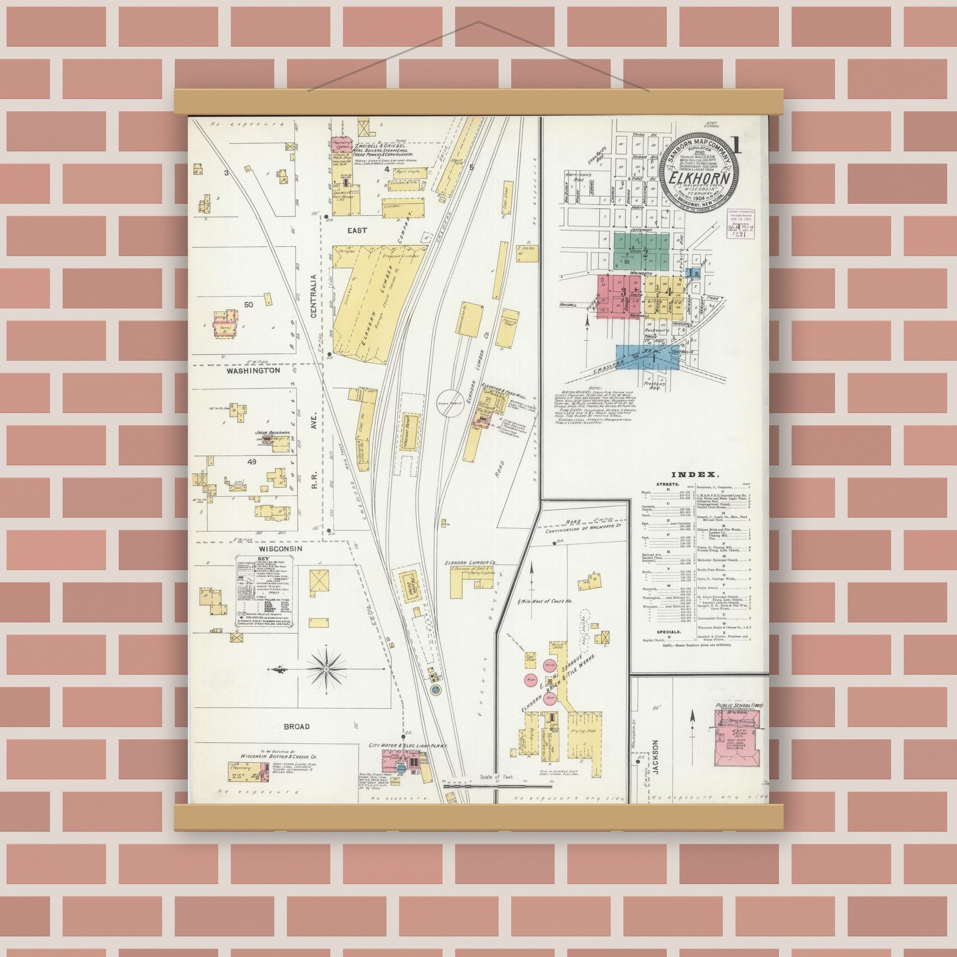 Old map wall art mockup — magnetic wood frame on brick wall — Sanborn Fire Insurance Map from Elkhorn, Walworth County, Wisconsin (1904), Sheet #0001