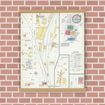 Old map wall art mockup — magnetic wood frame on brick wall — Sanborn Fire Insurance Map from Elkhorn, Walworth County, Wisconsin (1904), Sheet #0001
