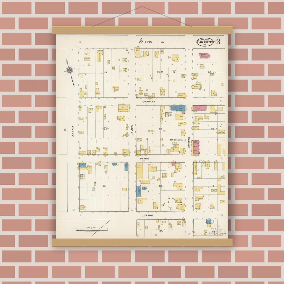 Old map wall art mockup — magnetic wood frame on brick wall — Sanborn Fire Insurance Map from San Diego, Duval And Jim Wells Counties, Texas (1922), Sheet #0003