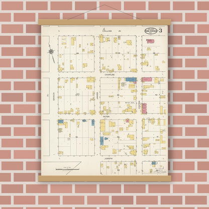 Old map wall art mockup — magnetic wood frame on brick wall — Sanborn Fire Insurance Map from San Diego, Duval And Jim Wells Counties, Texas (1922), Sheet #0003
