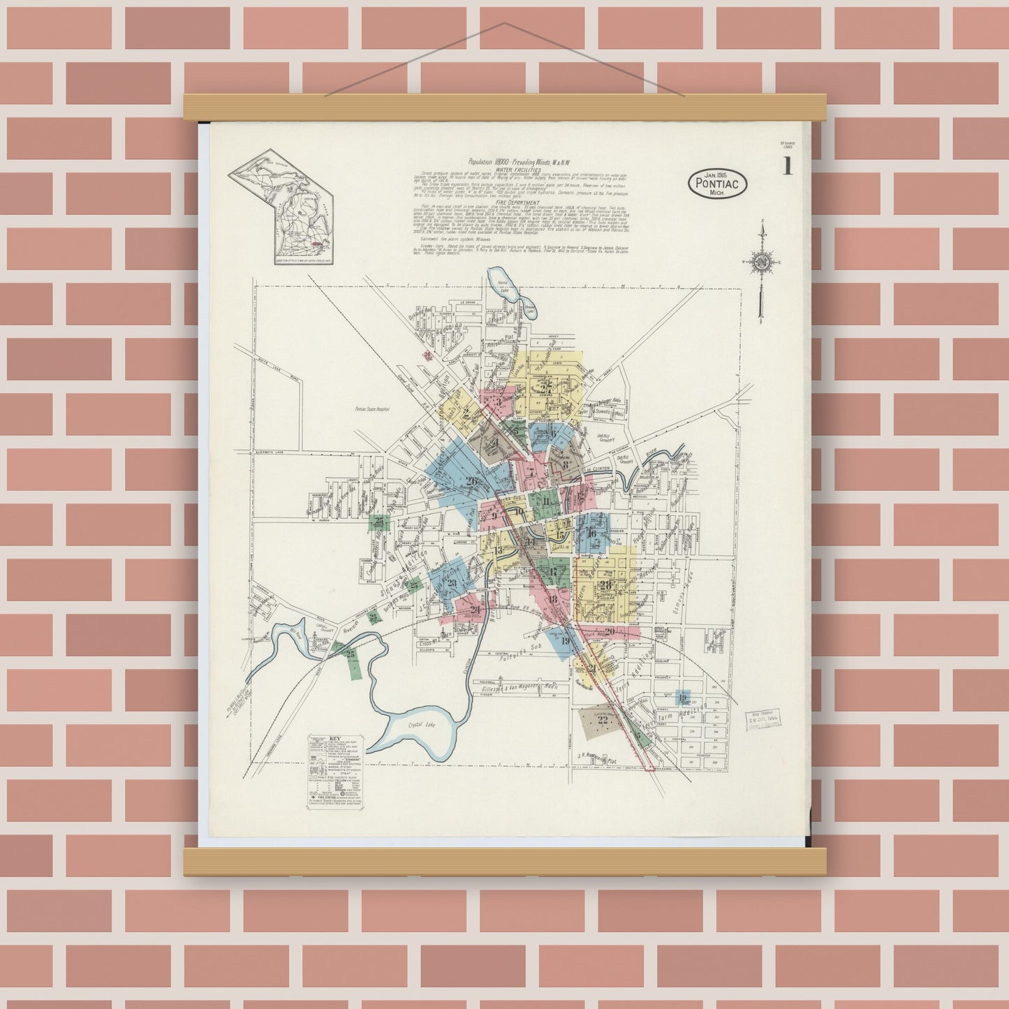Old map wall art mockup — magnetic wood frame on brick wall — Sanborn Fire Insurance Map from Pontiac, Oakland County, Michigan (1915) - Complete Map Set