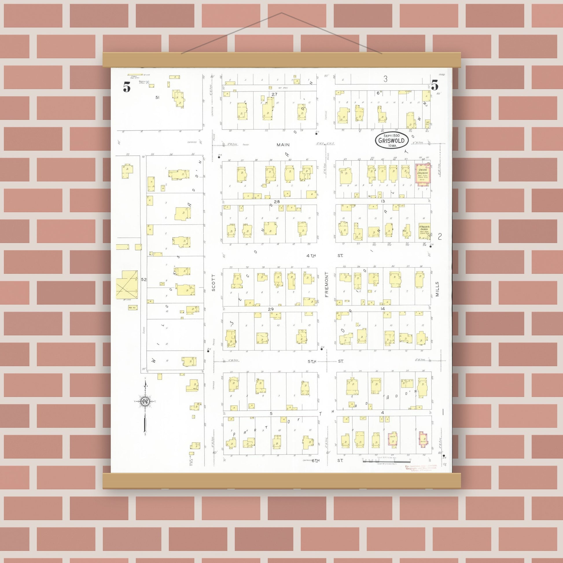 Old map wall art mockup — magnetic wood frame on brick wall — Sanborn Fire Insurance Map from Griswold, Cass County, Iowa (1930), Sheet #0005