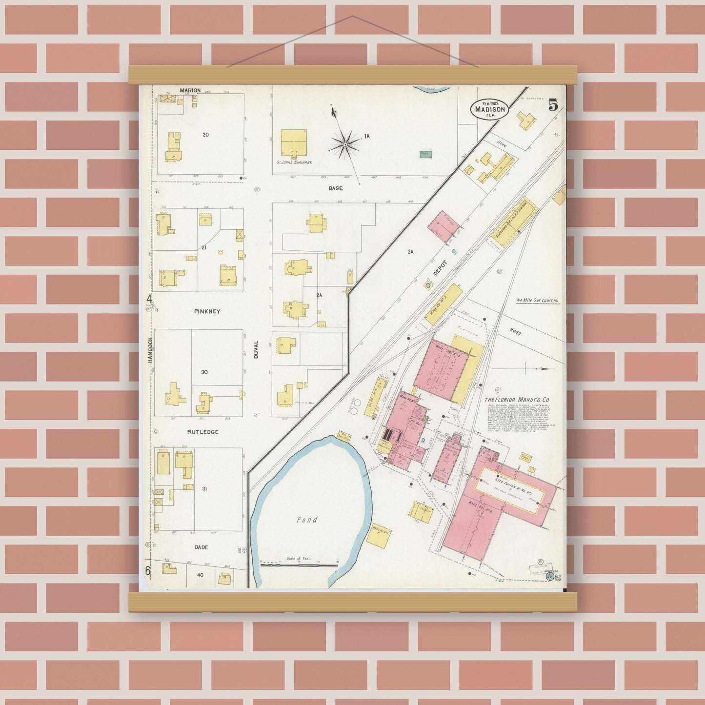Old map wall art mockup — magnetic wood frame on brick wall — Sanborn Fire Insurance Map from Madison, Madison County, Florida (1903), Sheet #0005