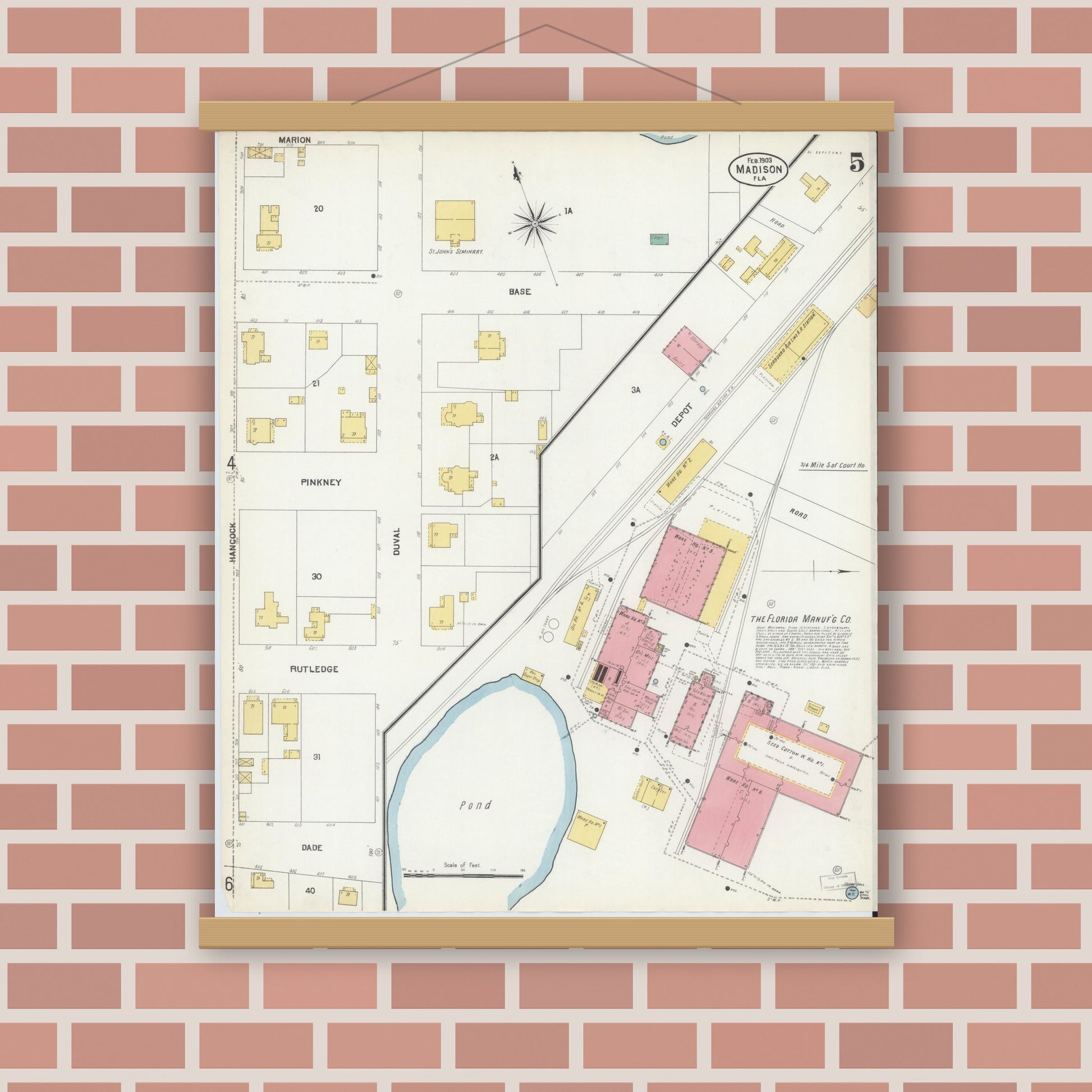 Old map wall art mockup — magnetic wood frame on brick wall — Sanborn Fire Insurance Map from Madison, Madison County, Florida (1903), Sheet #0005