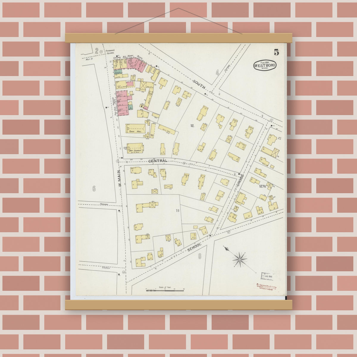 Old map wall art mockup — magnetic wood frame on brick wall — Sanborn Fire Insurance Map from Westboro, Worcester County, Massachusetts (1894), Sheet #0005
