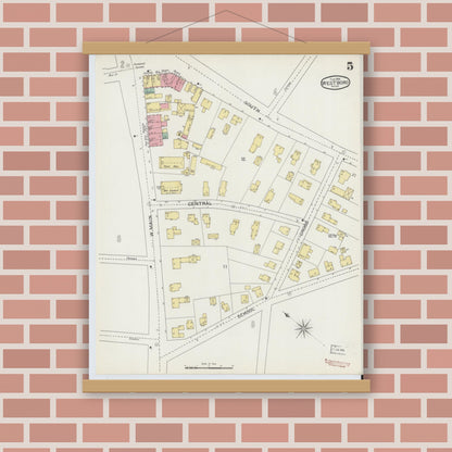 Old map wall art mockup — magnetic wood frame on brick wall — Sanborn Fire Insurance Map from Westboro, Worcester County, Massachusetts (1894), Sheet #0005