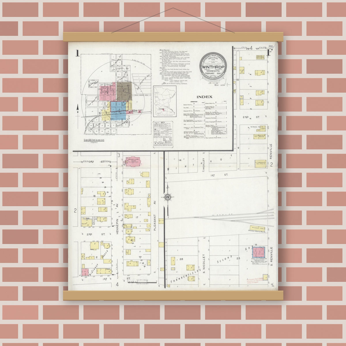Old map wall art mockup — magnetic wood frame on brick wall — Sanborn Fire Insurance Map from Winthrop, Sibley County, Minnesota (1930), Sheet #0001