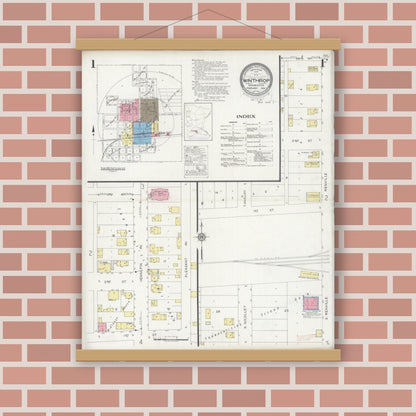 Old map wall art mockup — magnetic wood frame on brick wall — Sanborn Fire Insurance Map from Winthrop, Sibley County, Minnesota (1930), Sheet #0001