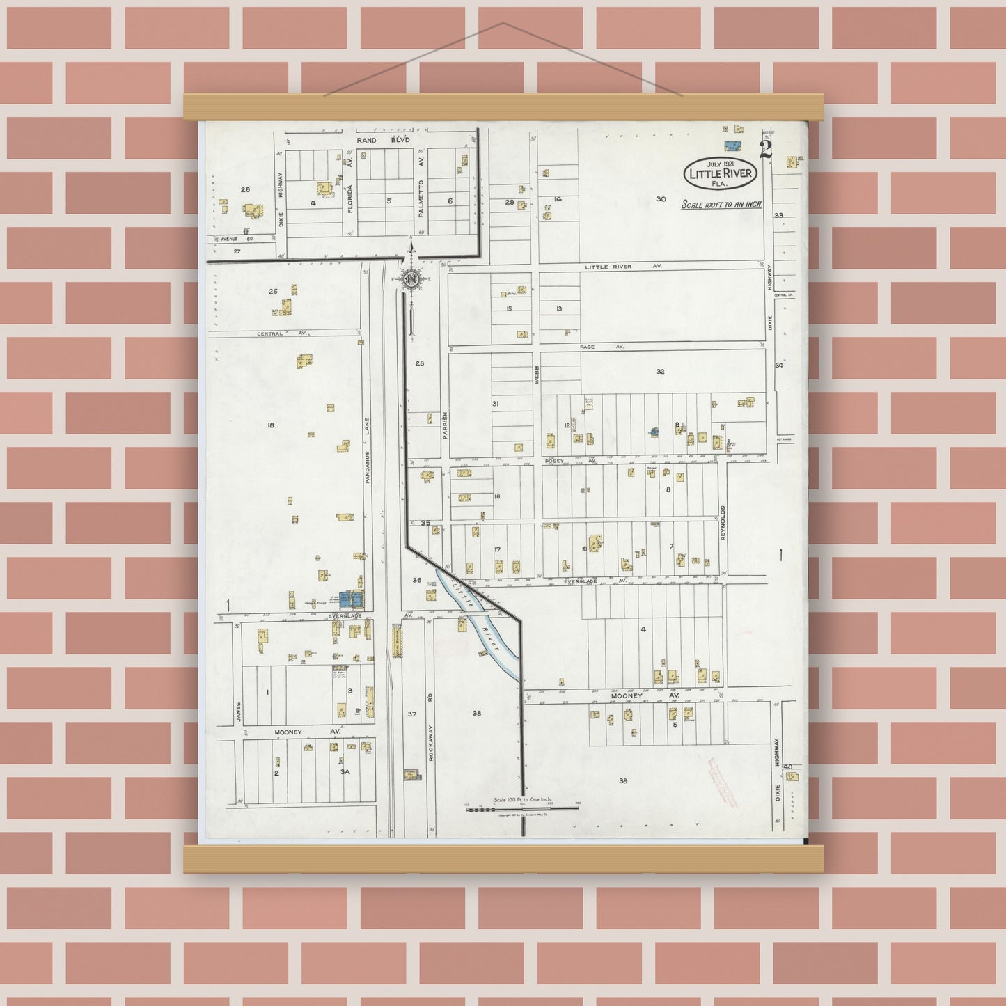 Old map wall art mockup — magnetic wood frame on brick wall — Sanborn Fire Insurance Map from Little River, Dade County, Florida (1921), Sheet #0002