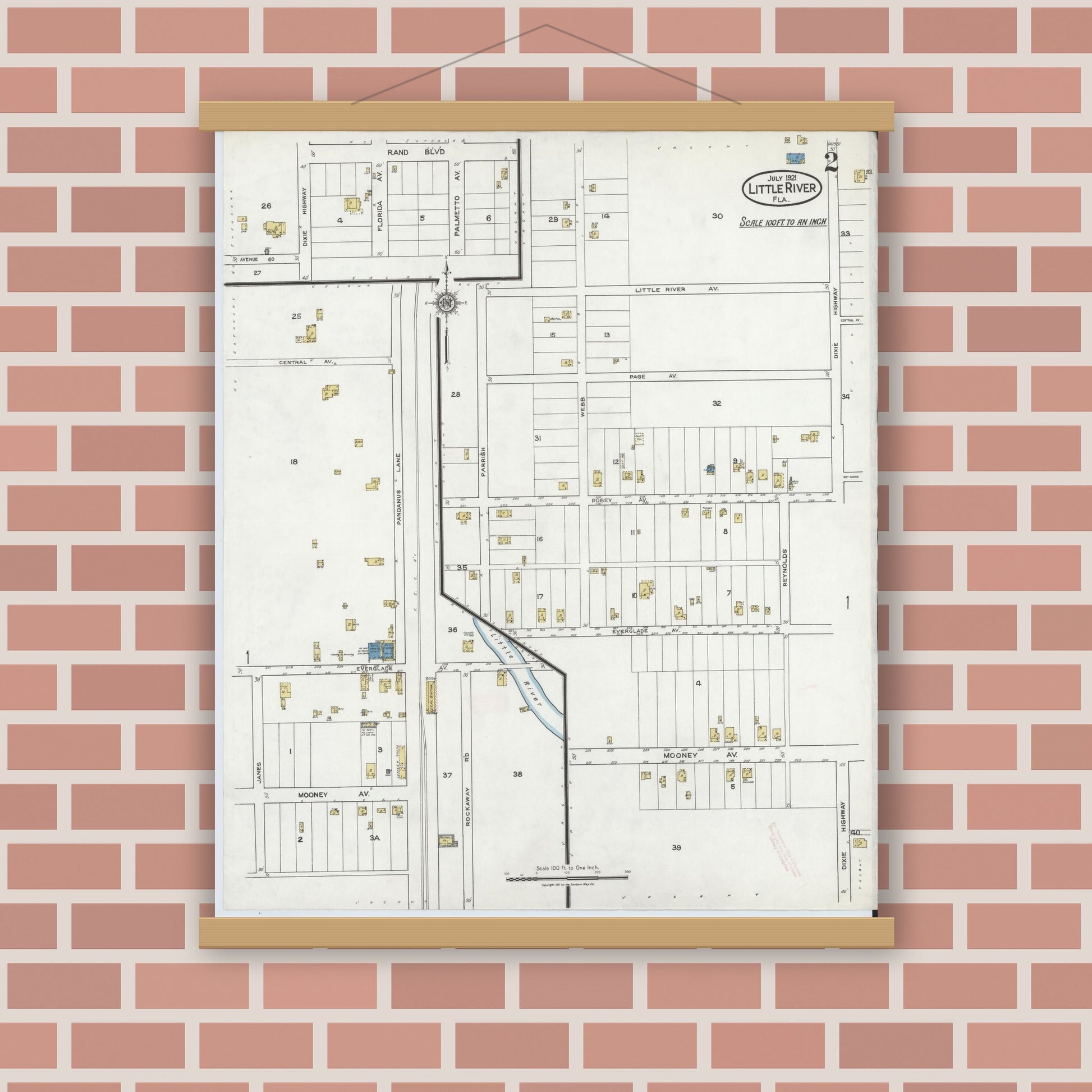 Old map wall art mockup — magnetic wood frame on brick wall — Sanborn Fire Insurance Map from Little River, Dade County, Florida (1921), Sheet #0002