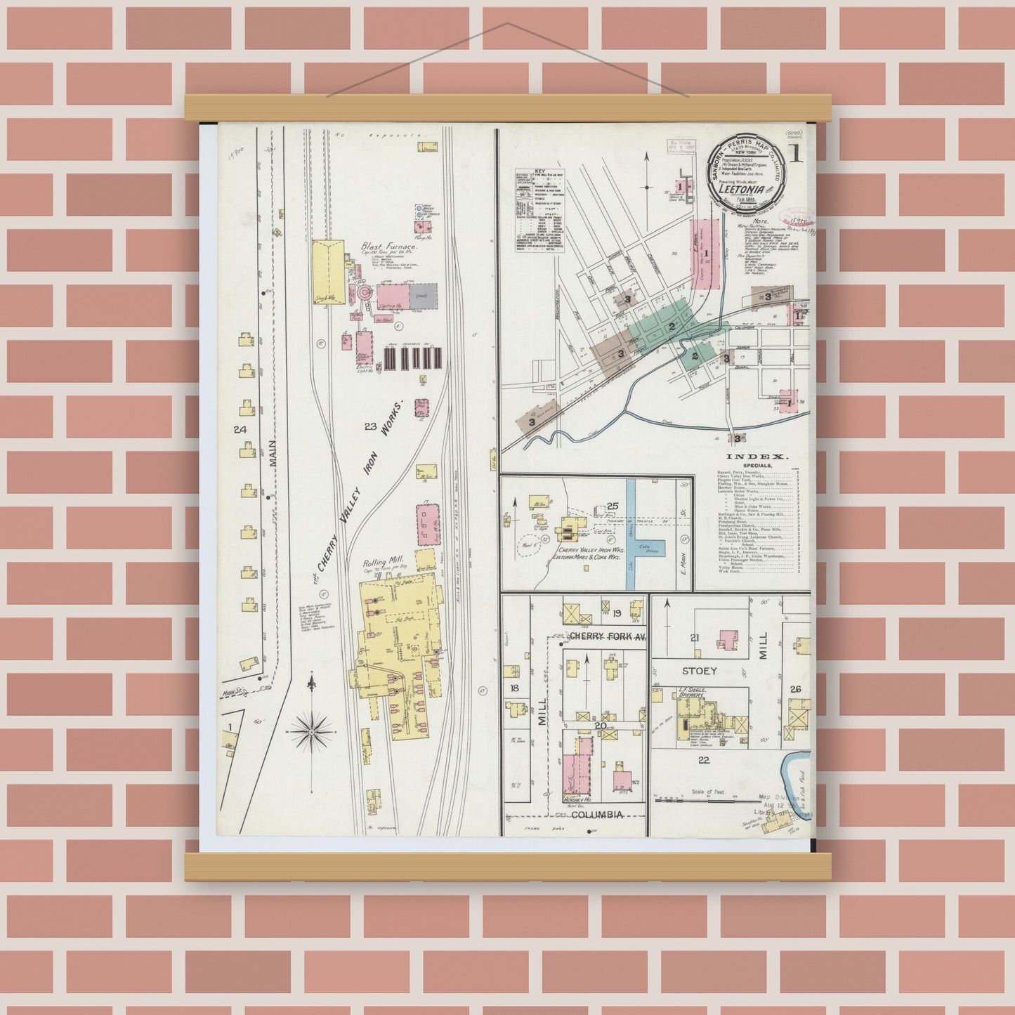 Old map wall art mockup — magnetic wood frame on brick wall — Sanborn Fire Insurance Map from Leetonia, Columbiana County, Ohio (1893) - Complete Map Set