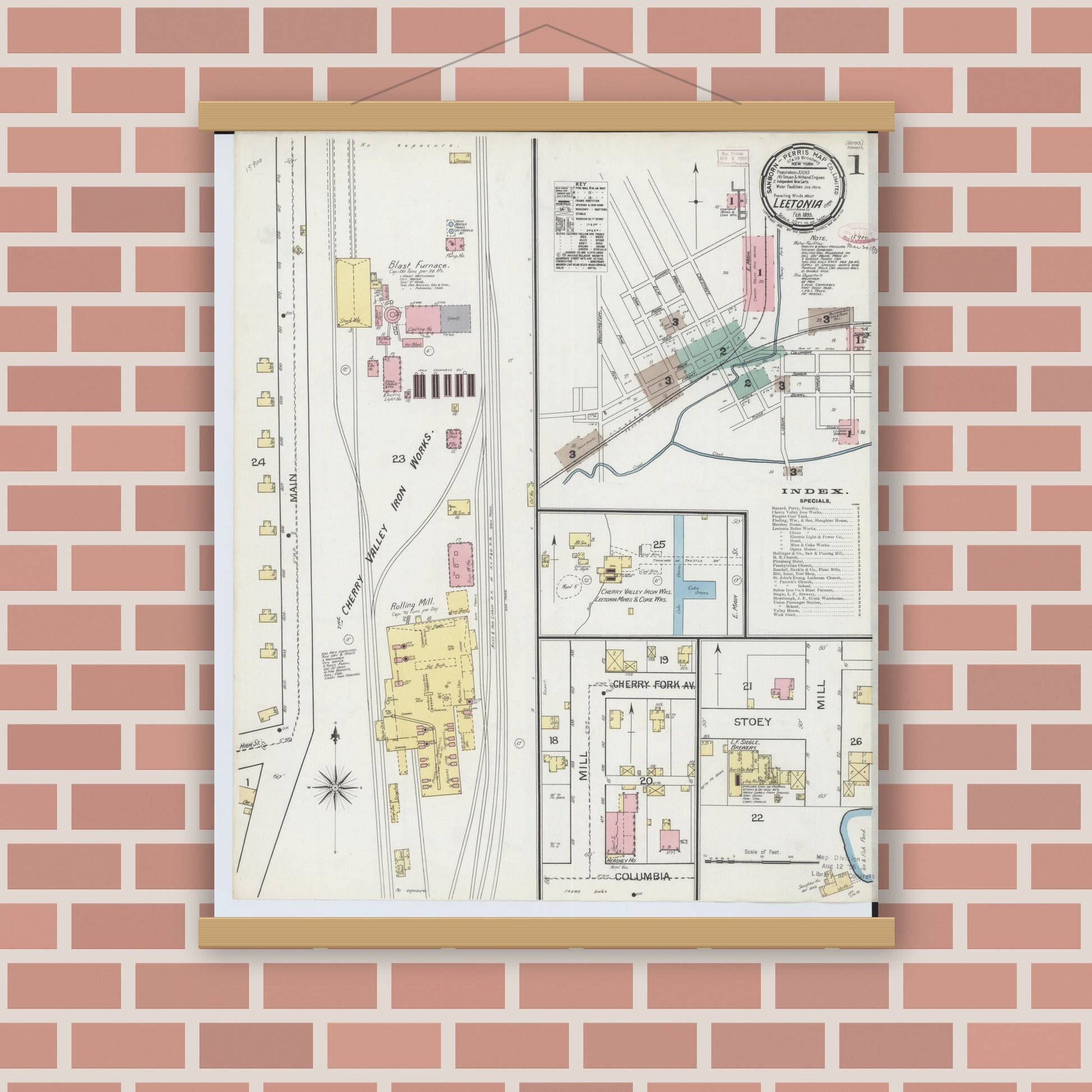 Old map wall art mockup — magnetic wood frame on brick wall — Sanborn Fire Insurance Map from Leetonia, Columbiana County, Ohio (1893) - Complete Map Set