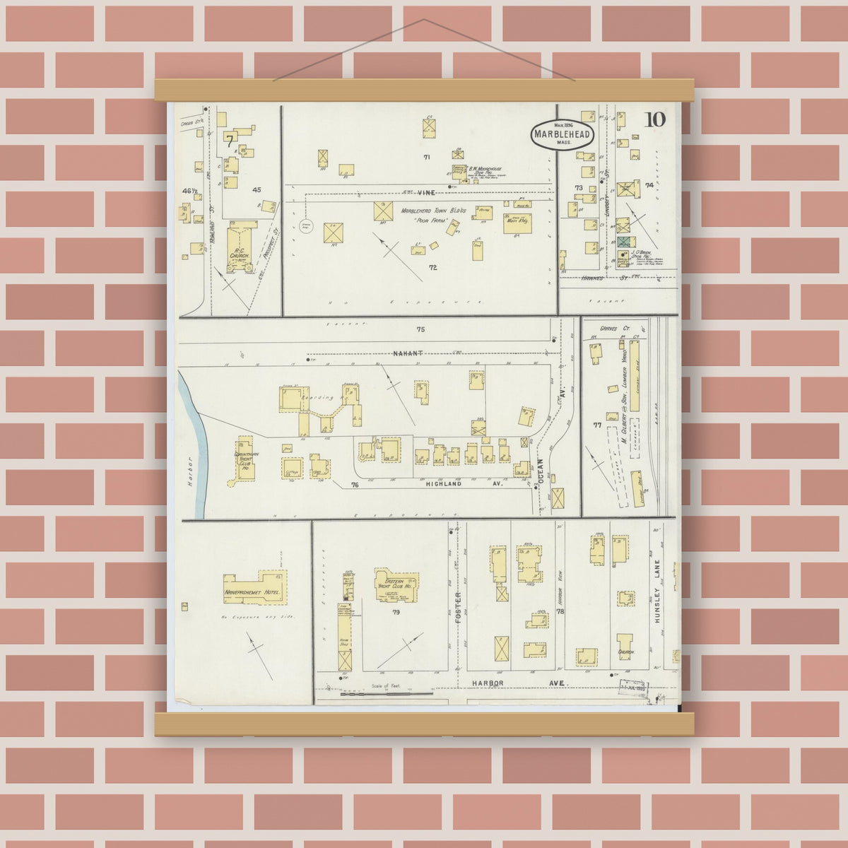 Old map wall art mockup — magnetic wood frame on brick wall — Sanborn Fire Insurance Map from Marblehead, Essex County, Massachusetts (1896), Sheet #0010