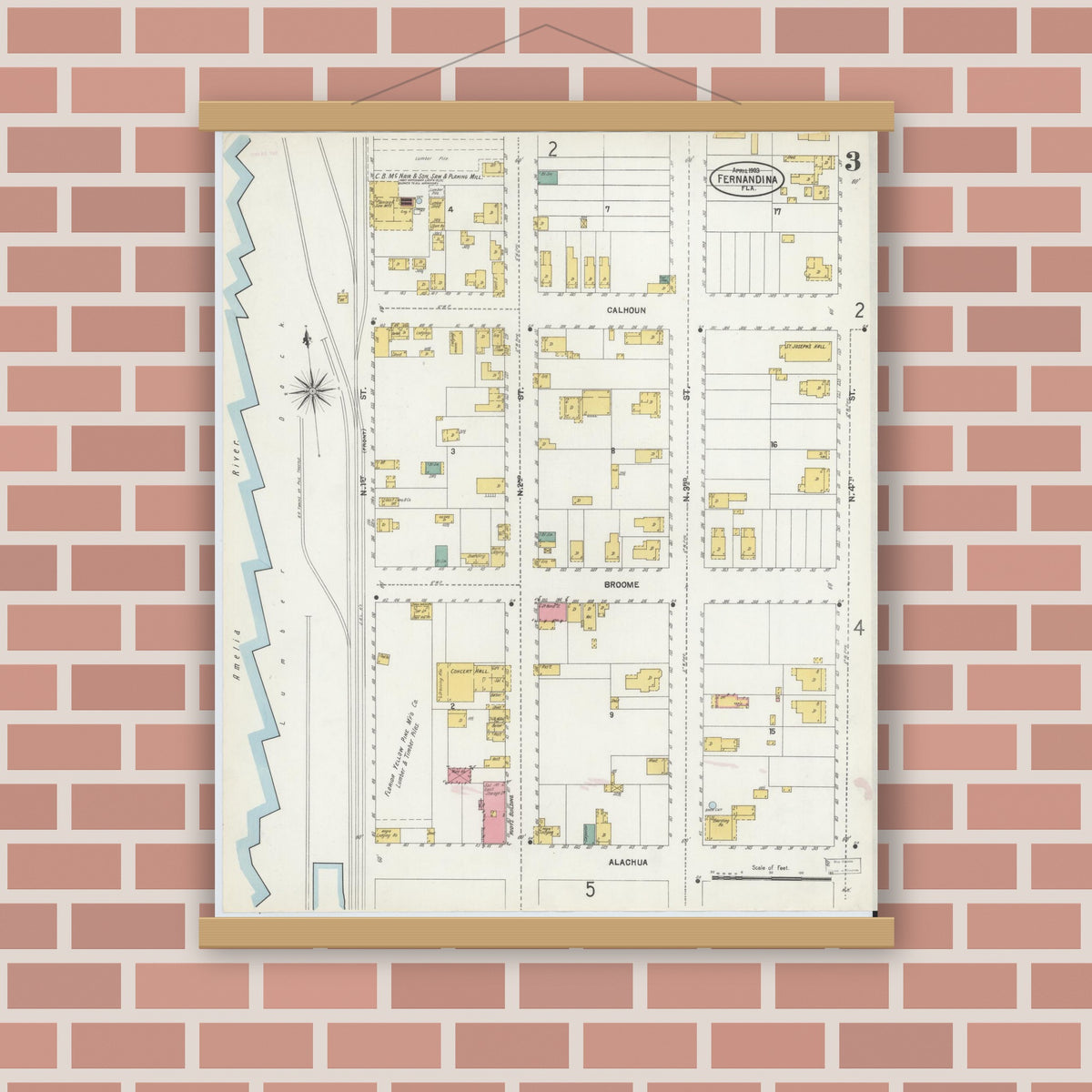 Old map wall art mockup — magnetic wood frame on brick wall — Sanborn Fire Insurance Map from Fernandina, Nassau County, Florida (1903), Sheet #0003