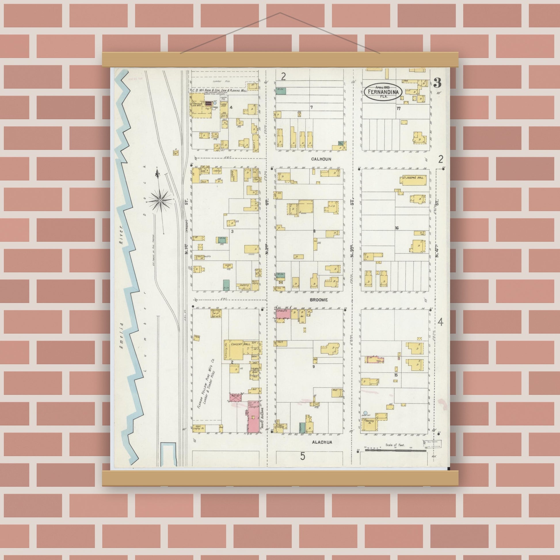 Old map wall art mockup — magnetic wood frame on brick wall — Sanborn Fire Insurance Map from Fernandina, Nassau County, Florida (1903), Sheet #0003