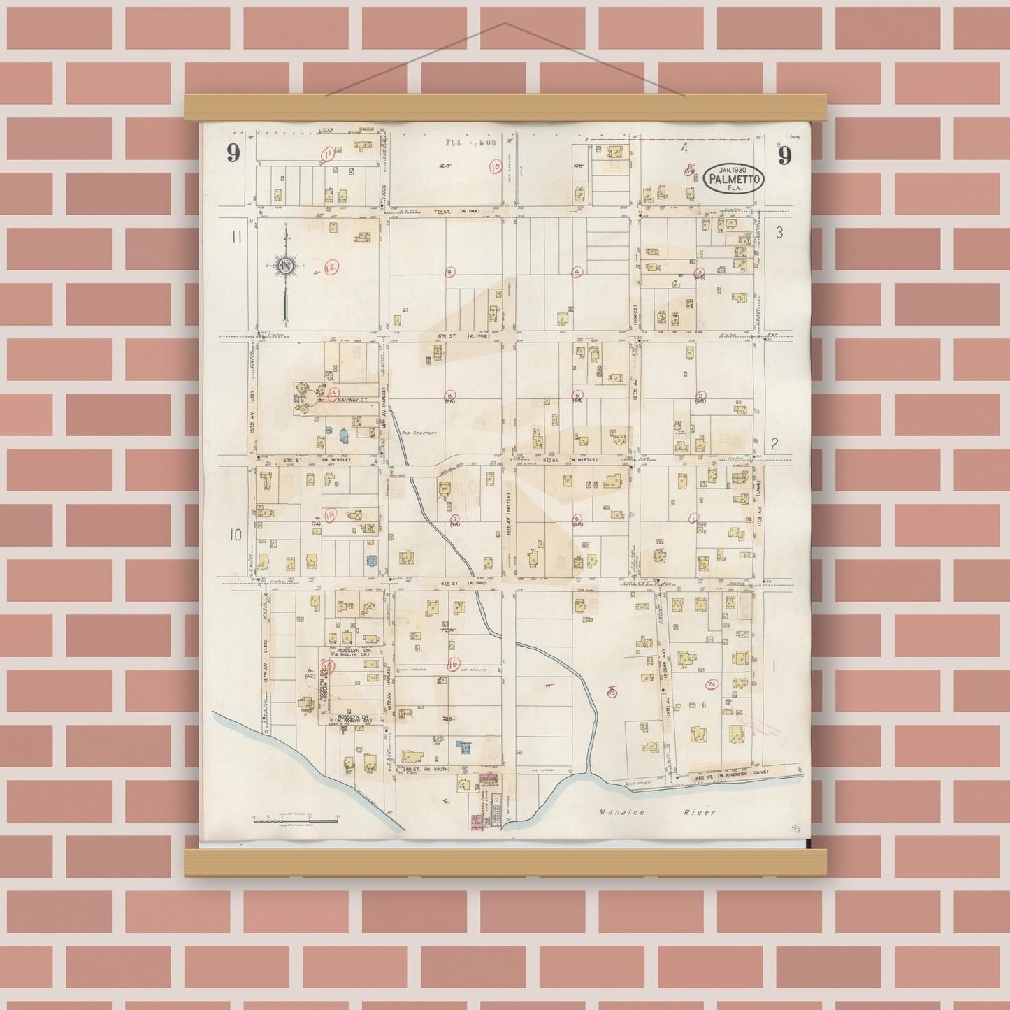Old map wall art mockup — magnetic wood frame on brick wall — Sanborn Fire Insurance Map from Palmetto, Manatee County, Florida (1944), Sheet #0009