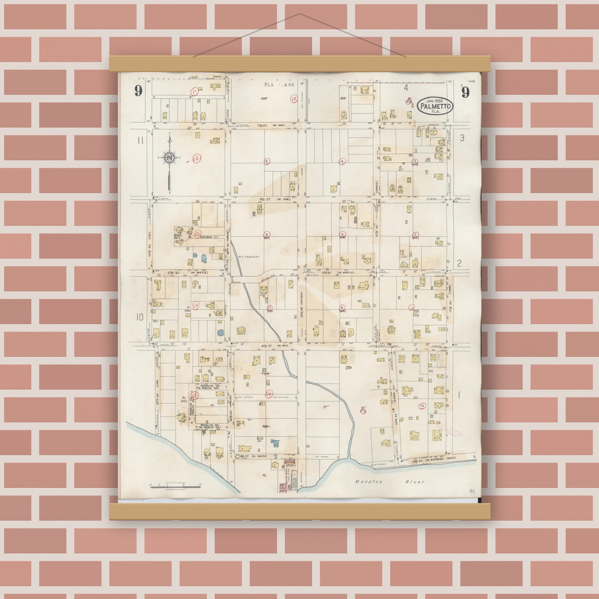 Old map wall art mockup — magnetic wood frame on brick wall — Sanborn Fire Insurance Map from Palmetto, Manatee County, Florida (1944), Sheet #0009