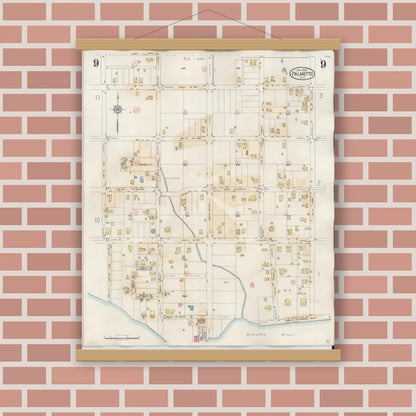 Old map wall art mockup — magnetic wood frame on brick wall — Sanborn Fire Insurance Map from Palmetto, Manatee County, Florida (1944), Sheet #0009