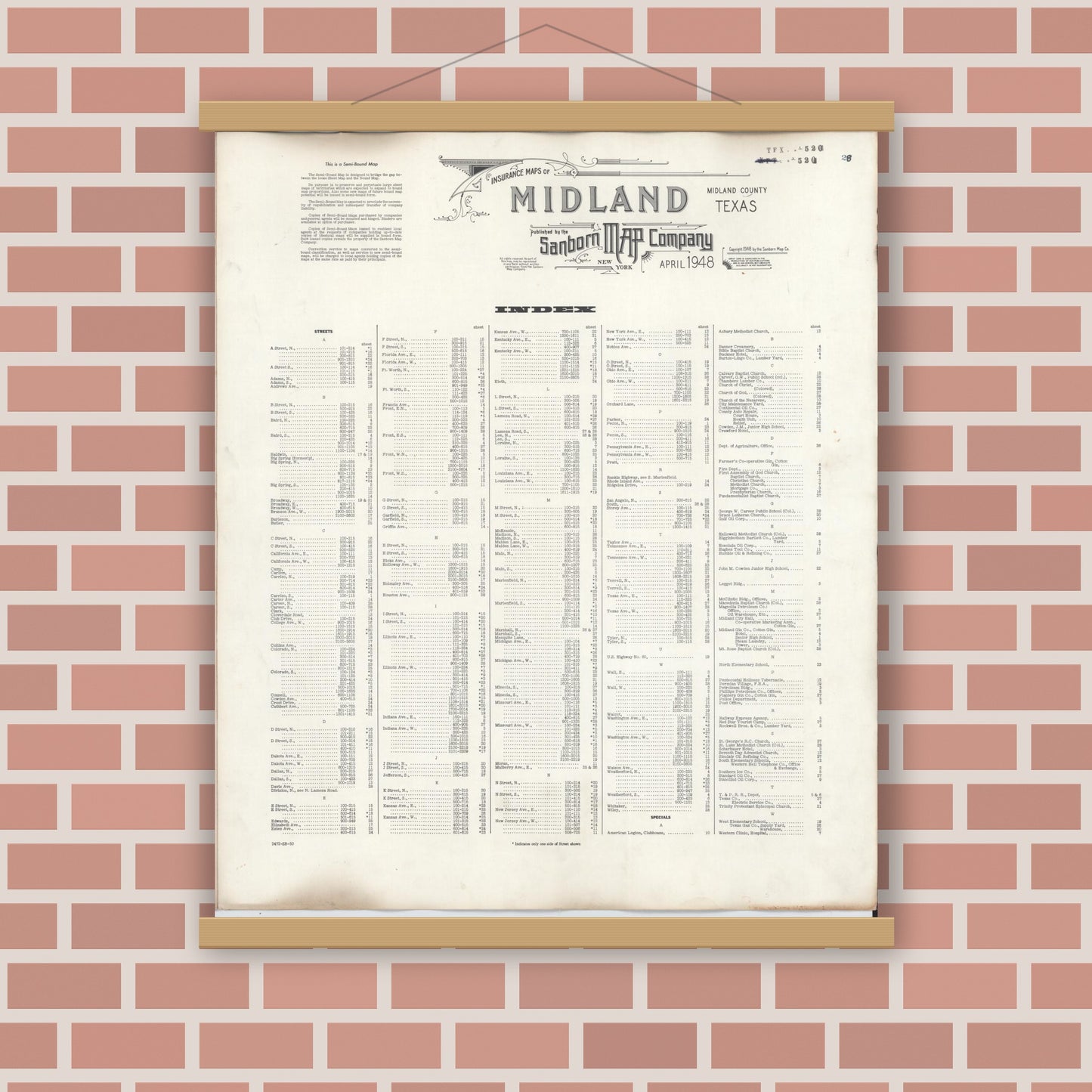 Old map wall art mockup — magnetic wood frame on brick wall — Sanborn Fire Insurance Map from Midland, Midland County, Texas (1950), Sheet #0001
