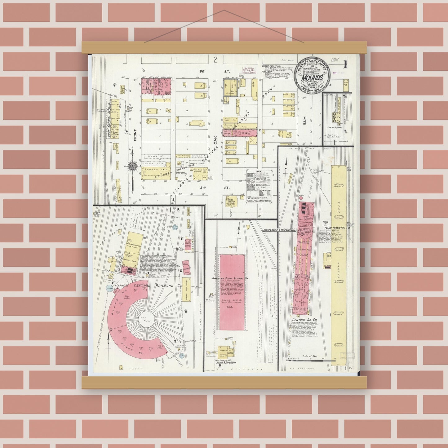Old map wall art mockup — magnetic wood frame on brick wall — Sanborn Fire Insurance Map from Mounds, Pulaski County, Illinois (1910) - Complete Map Set