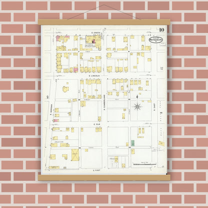 Old map wall art mockup — magnetic wood frame on brick wall — Sanborn Fire Insurance Map from Waynesburg, Greene County, Pennsylvania (1908), Sheet #0010