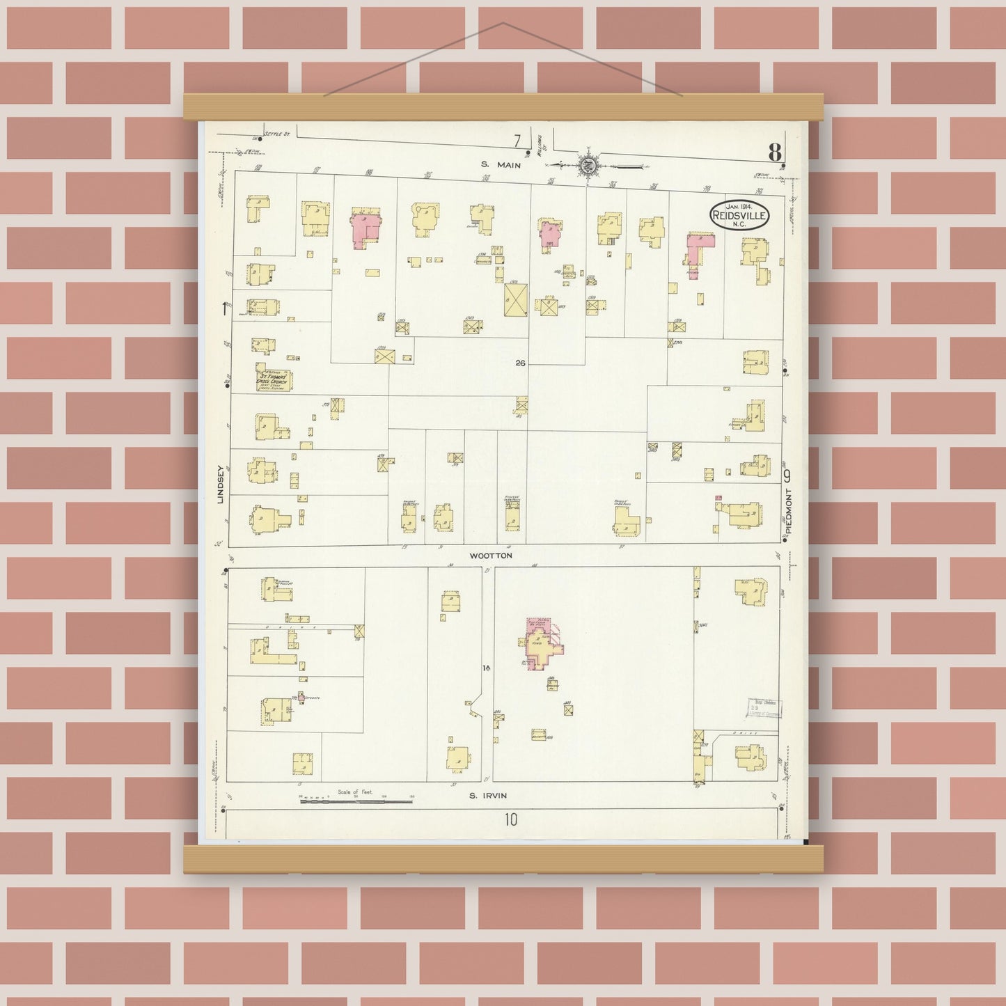 Old map wall art mockup — magnetic wood frame on brick wall — Sanborn Fire Insurance Map from Reidsville, Rockingham County, North Carolina (1914), Sheet #0008