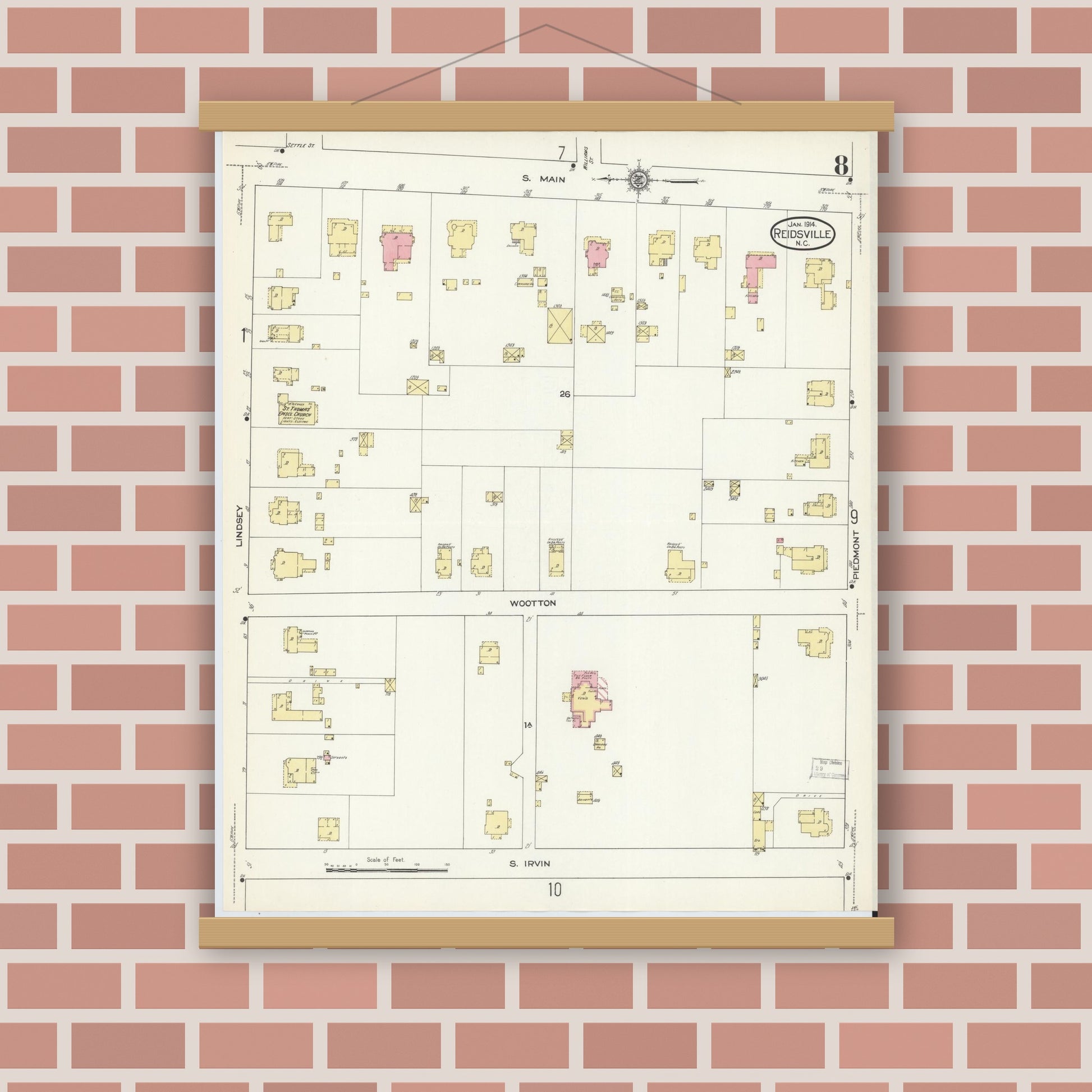 Old map wall art mockup — magnetic wood frame on brick wall — Sanborn Fire Insurance Map from Reidsville, Rockingham County, North Carolina (1914), Sheet #0008