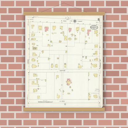 Old map wall art mockup — magnetic wood frame on brick wall — Sanborn Fire Insurance Map from Reidsville, Rockingham County, North Carolina (1914), Sheet #0008
