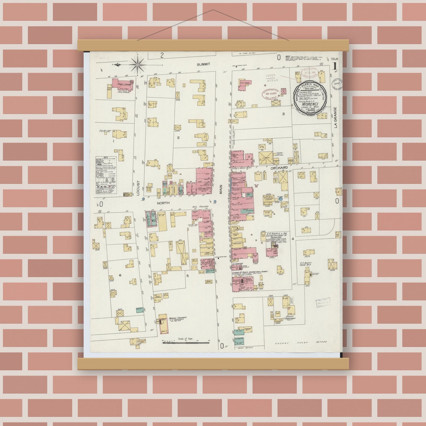Old map wall art mockup — magnetic wood frame on brick wall — Sanborn Fire Insurance Map from Morenci, Lenawee County, Michigan (1899) - Complete Map Set