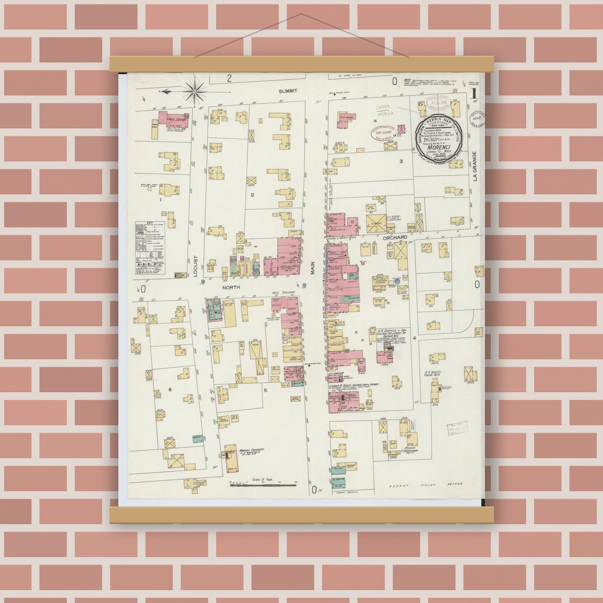 Old map wall art mockup — magnetic wood frame on brick wall — Sanborn Fire Insurance Map from Morenci, Lenawee County, Michigan (1899) - Complete Map Set