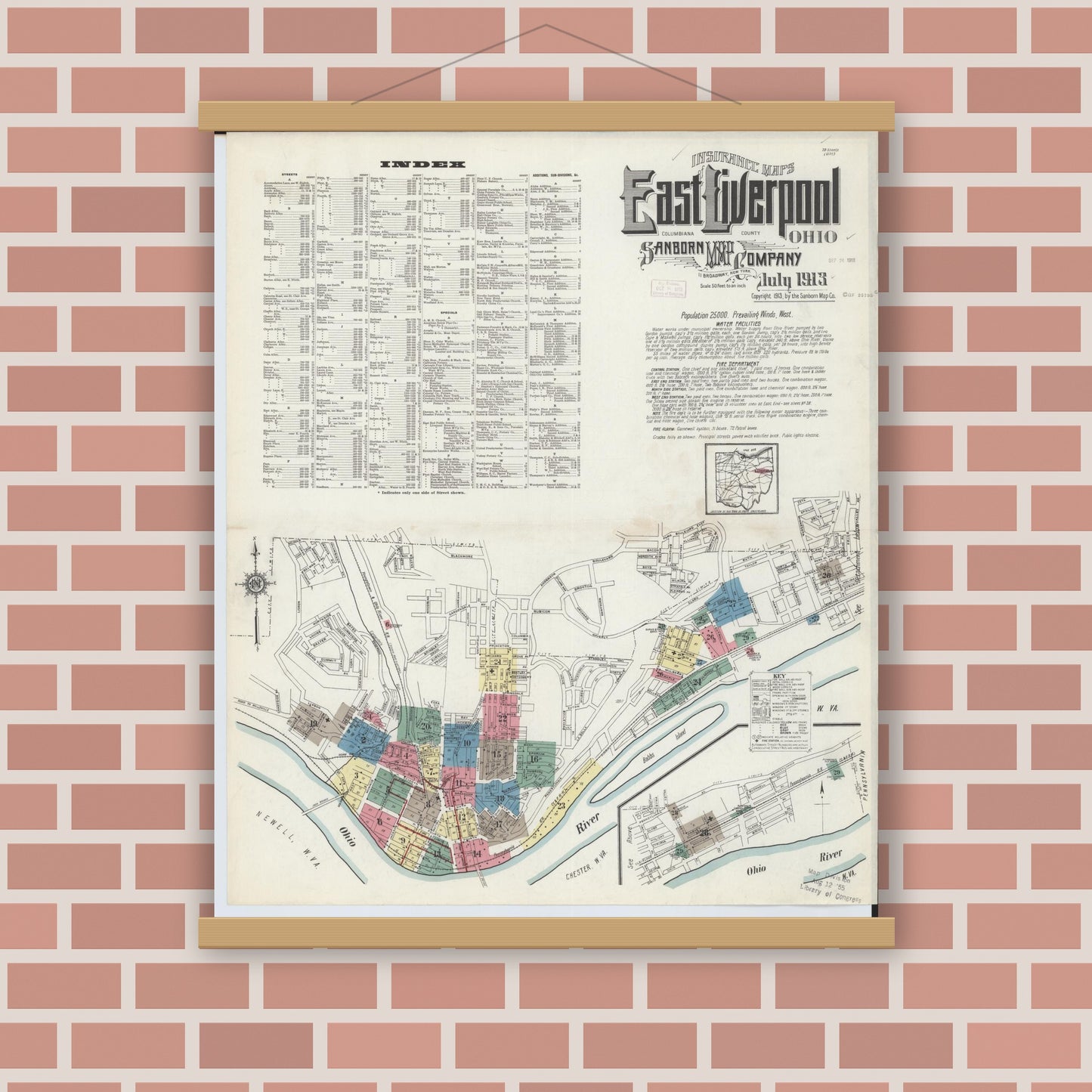 Old map wall art mockup — magnetic wood frame on brick wall — Sanborn Fire Insurance Map from East Liverpool, Columbiana County, Ohio (1913) - Complete Map Set