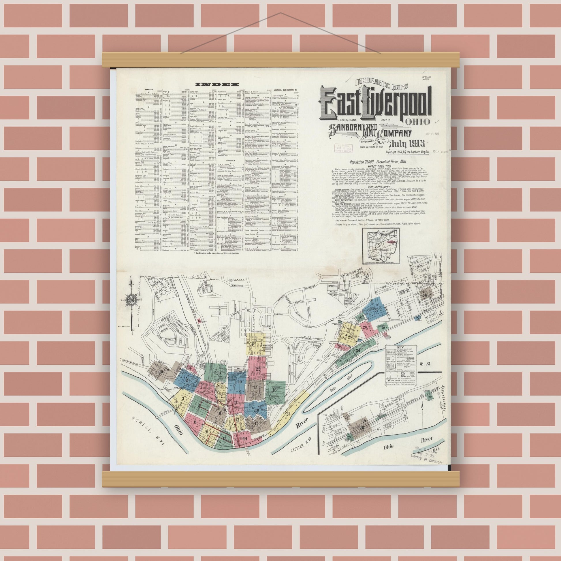 Old map wall art mockup — magnetic wood frame on brick wall — Sanborn Fire Insurance Map from East Liverpool, Columbiana County, Ohio (1913) - Complete Map Set