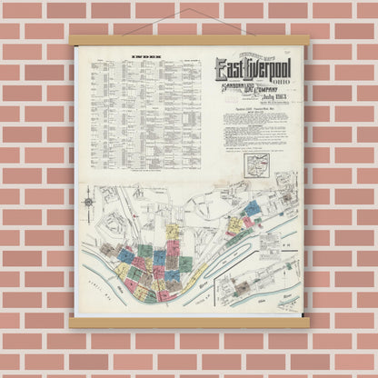 Old map wall art mockup — magnetic wood frame on brick wall — Sanborn Fire Insurance Map from East Liverpool, Columbiana County, Ohio (1913) - Complete Map Set