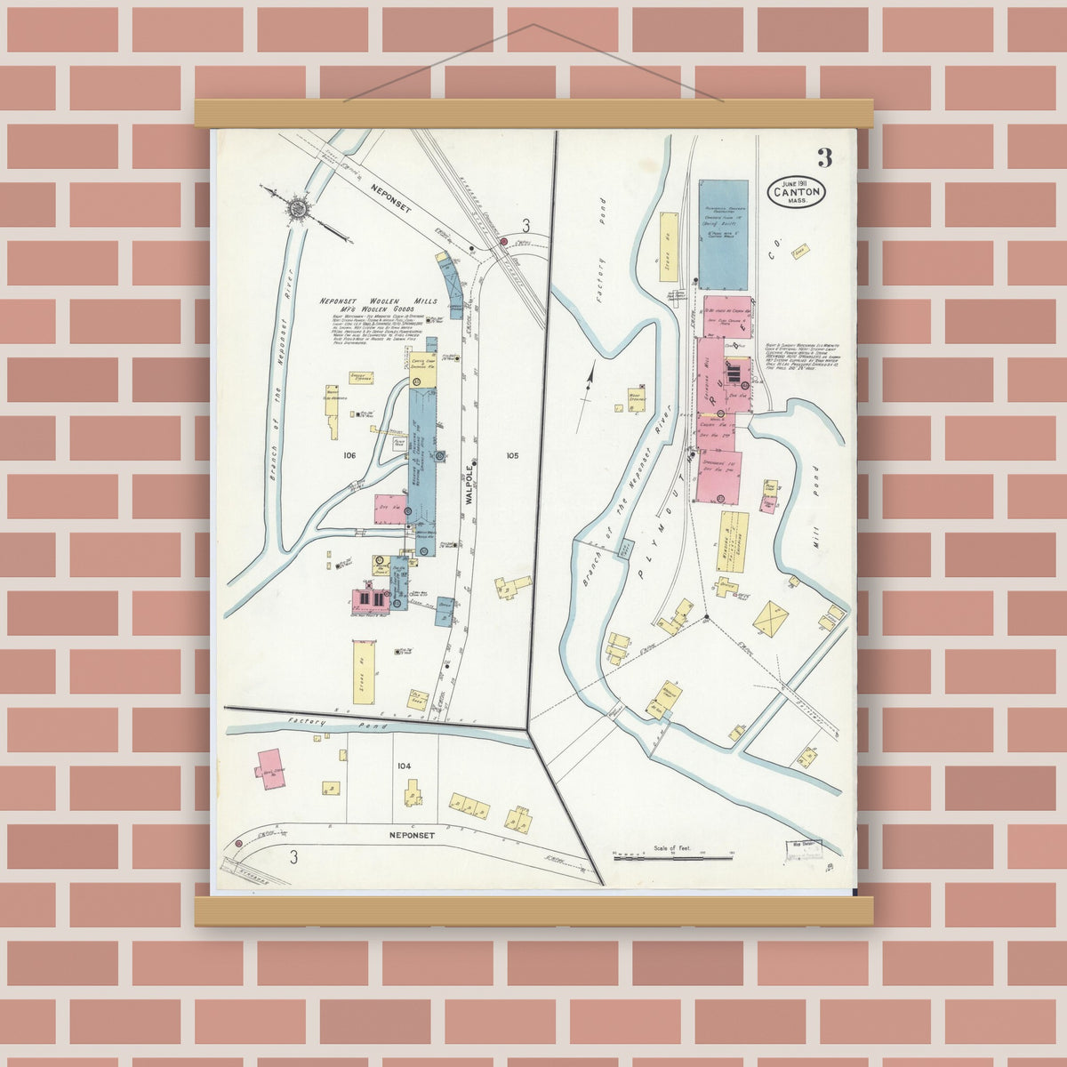 Old map wall art mockup — magnetic wood frame on brick wall — Sanborn Fire Insurance Map from Canton, Norfolk County, Massachusetts (1911), Sheet #0003