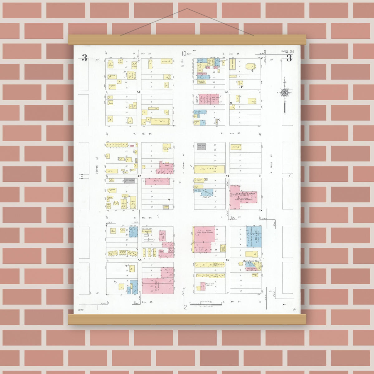 Old map wall art mockup — magnetic wood frame on brick wall — Sanborn Fire Insurance Map from Dumas, Moore County, Texas (1950), Sheet #0003