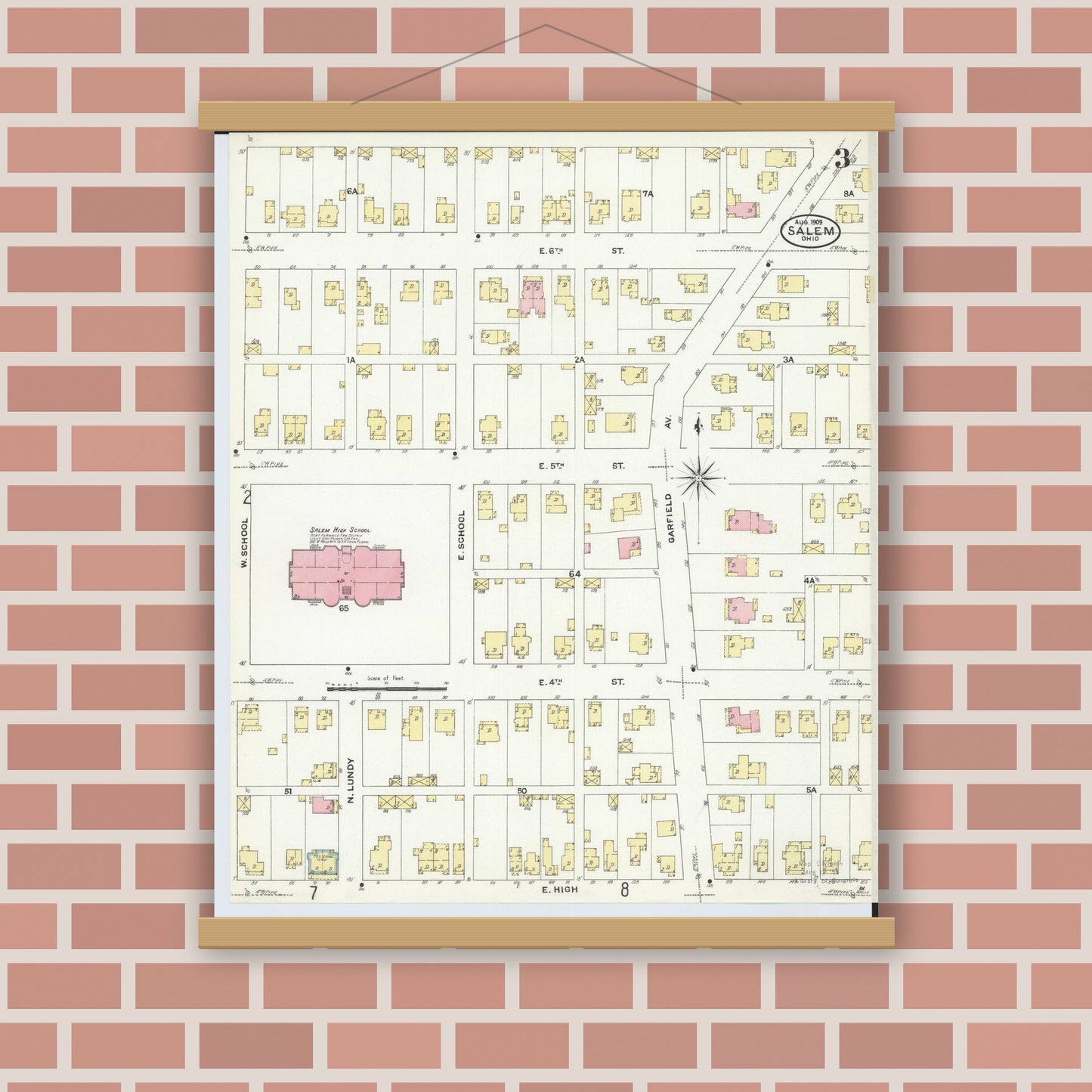 Old map wall art mockup — magnetic wood frame on brick wall — Sanborn Fire Insurance Map from Salem, Columbiana County, Ohio (1909), Sheet #0003
