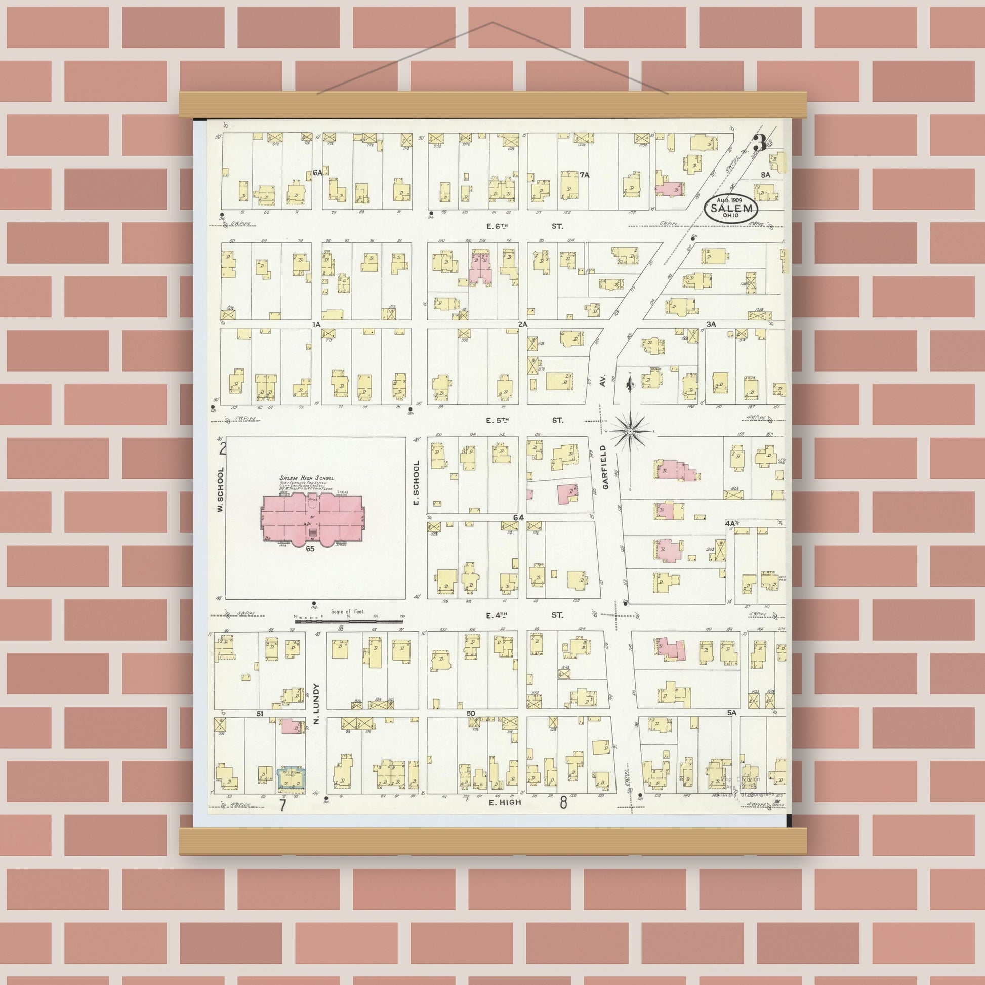 Old map wall art mockup — magnetic wood frame on brick wall — Sanborn Fire Insurance Map from Salem, Columbiana County, Ohio (1909), Sheet #0003