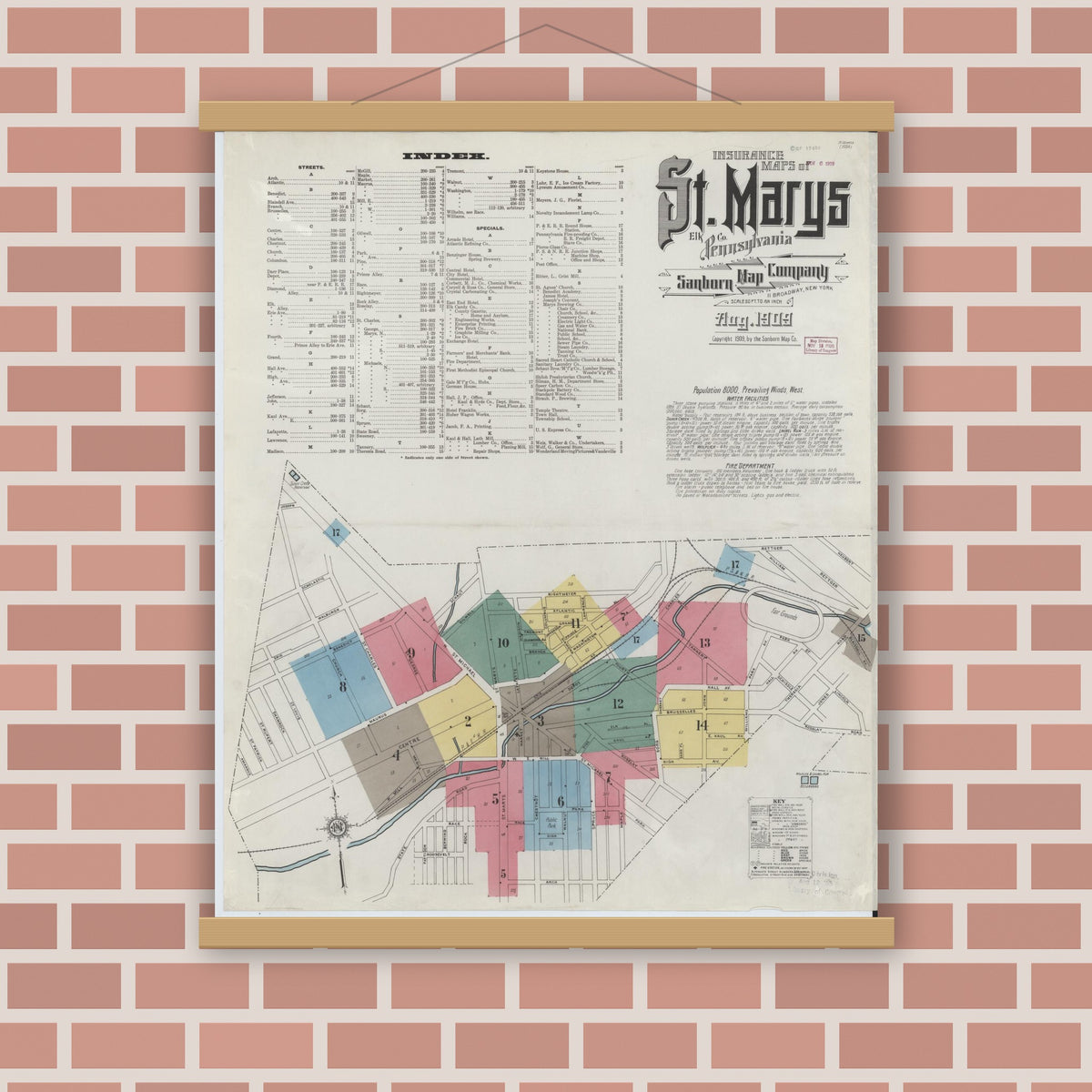 Old map wall art mockup — magnetic wood frame on brick wall — Sanborn Fire Insurance Map from Saint Marys, Elk County, Pennsylvania (1909) - Complete Map Set