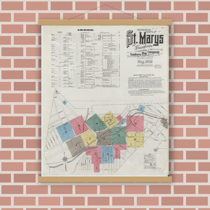 Old map wall art mockup — magnetic wood frame on brick wall — Sanborn Fire Insurance Map from Saint Marys, Elk County, Pennsylvania (1909) - Complete Map Set
