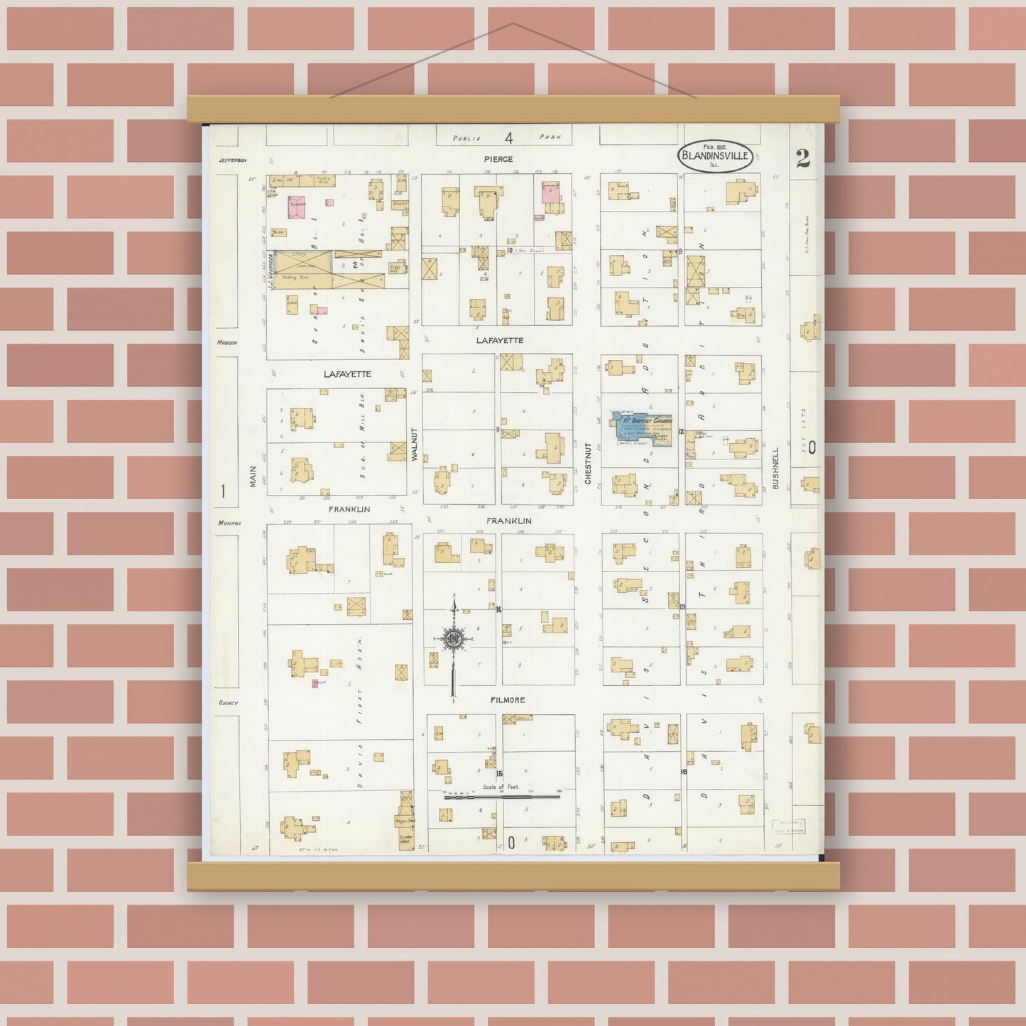 Old map wall art mockup — magnetic wood frame on brick wall — Sanborn Fire Insurance Map from Blandinsville, Mcdonough County, Illinois (1912), Sheet #0002