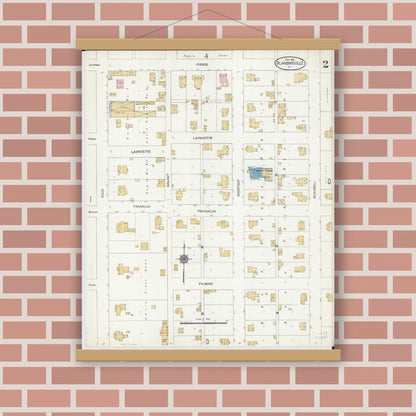 Old map wall art mockup — magnetic wood frame on brick wall — Sanborn Fire Insurance Map from Blandinsville, Mcdonough County, Illinois (1912), Sheet #0002